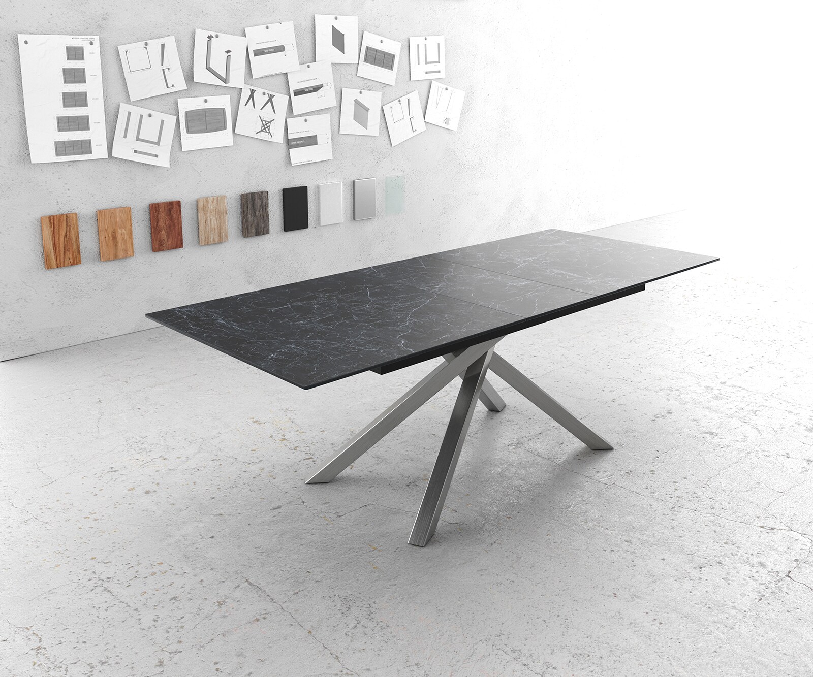Маса 180-220x90cm Keramik Laminam®Nero Greco Антрацит КръстРамка Правоъгълник Неръждаема стомана разтегателна Edge