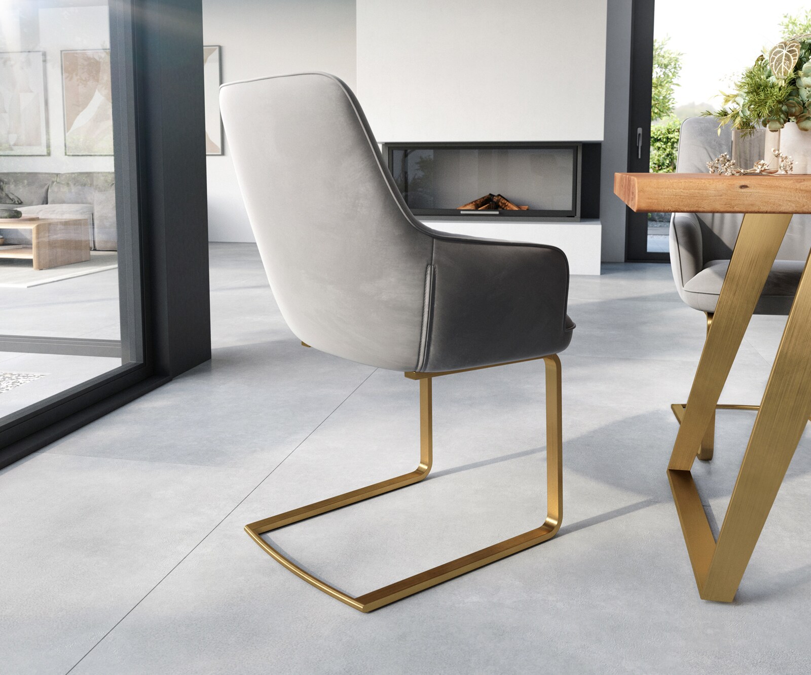 Люлеещ стол с подлакътници Кадифе Сив Конзолен крак плосък Злато  Покет пружина Zelia-Flex 4