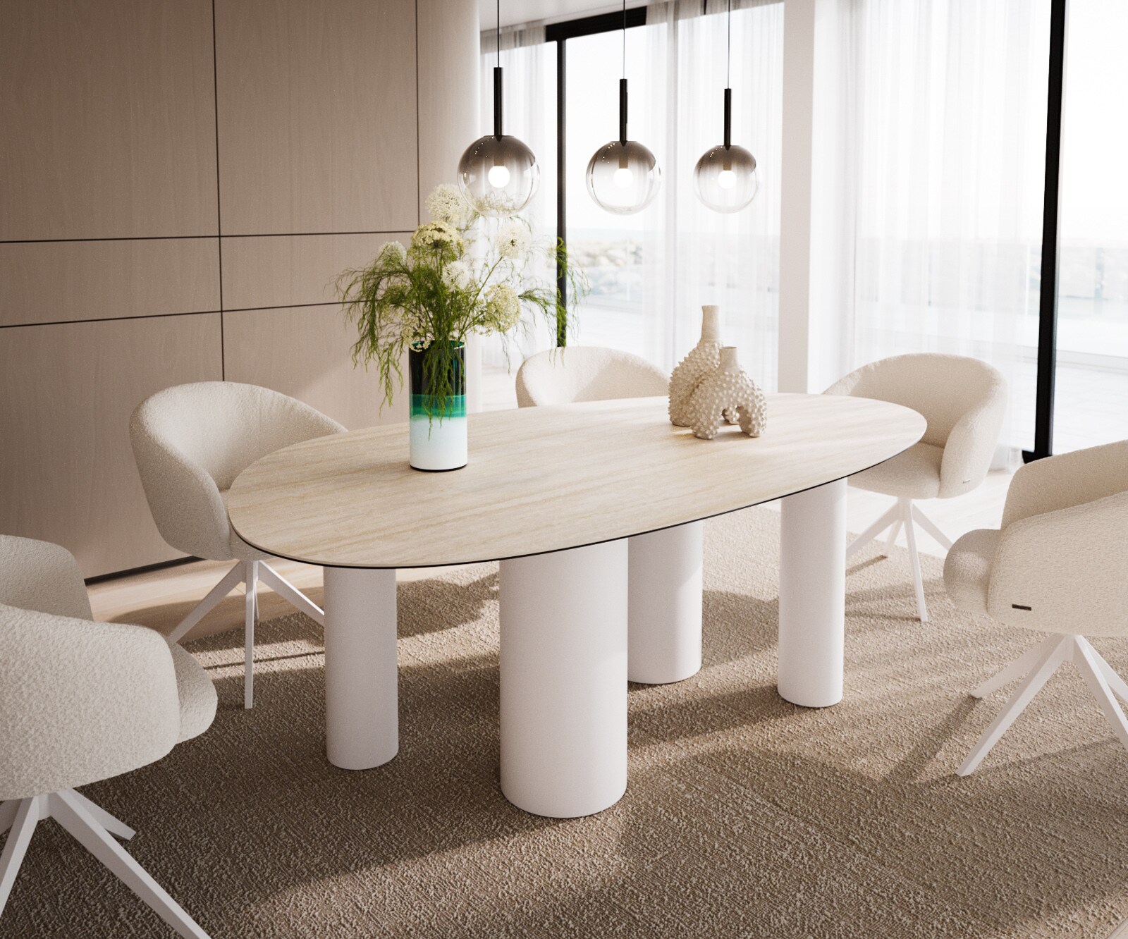 Трапезна маса Edge Oval 220x120, керамика Laminam „®“, Travertino Bianco, кремаво-бяла, метални крака Pilier, бели 1