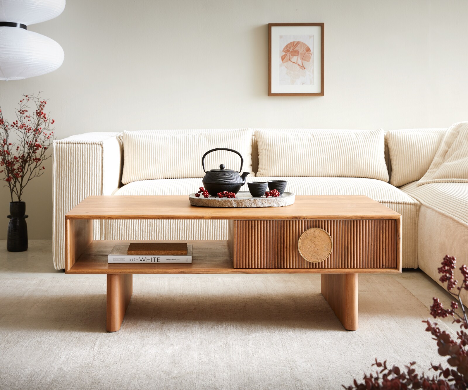 Холна маса Surimu 115x60 см, Масив Акация, Светлокафяво, 1 чекмедже, Корк дръжка и дървена основа 1