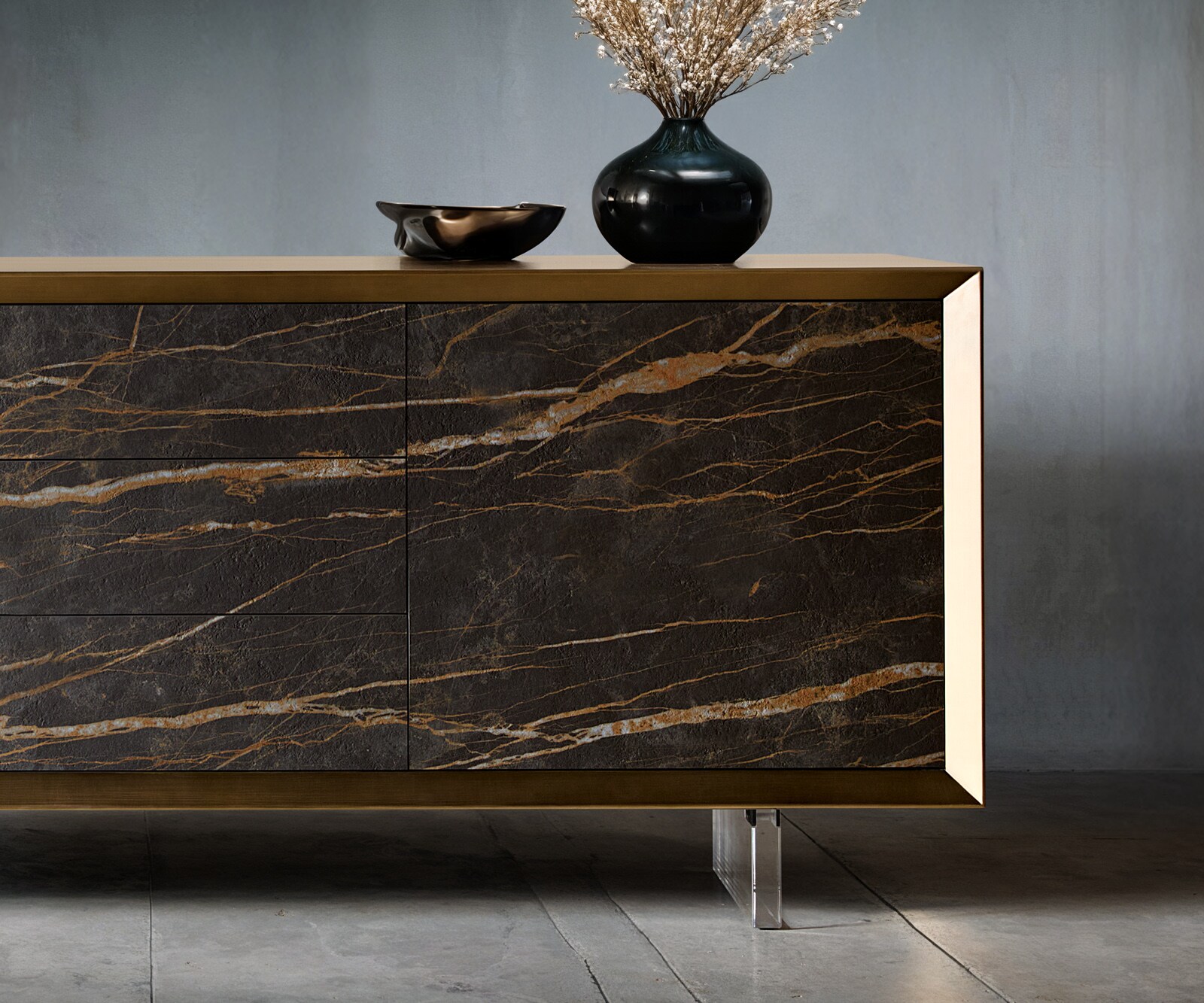 Шкаф Yori 200 cm Metallic Gold 2 врати 3 чекмеджета Ceramic Laminam®Noir Desir Brown 4