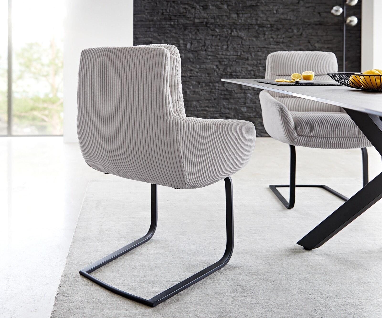 Люлеещ стол с подлакътници Корд Сребристо сив Конзолен крак плосък Черен Abelia-Flex 5 Люлеещ стол с подлакътници Корд Сребристо сив Конзолен крак плосък Черен Abelia-Flex 5