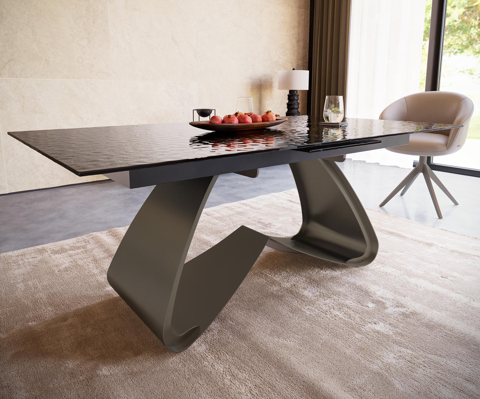 Маса 180-220x100 РелефноСтъкло ОпушеноЧерен 3D-Design W-Рамка Ефектенфиниш Titan разтегателна Edge 4