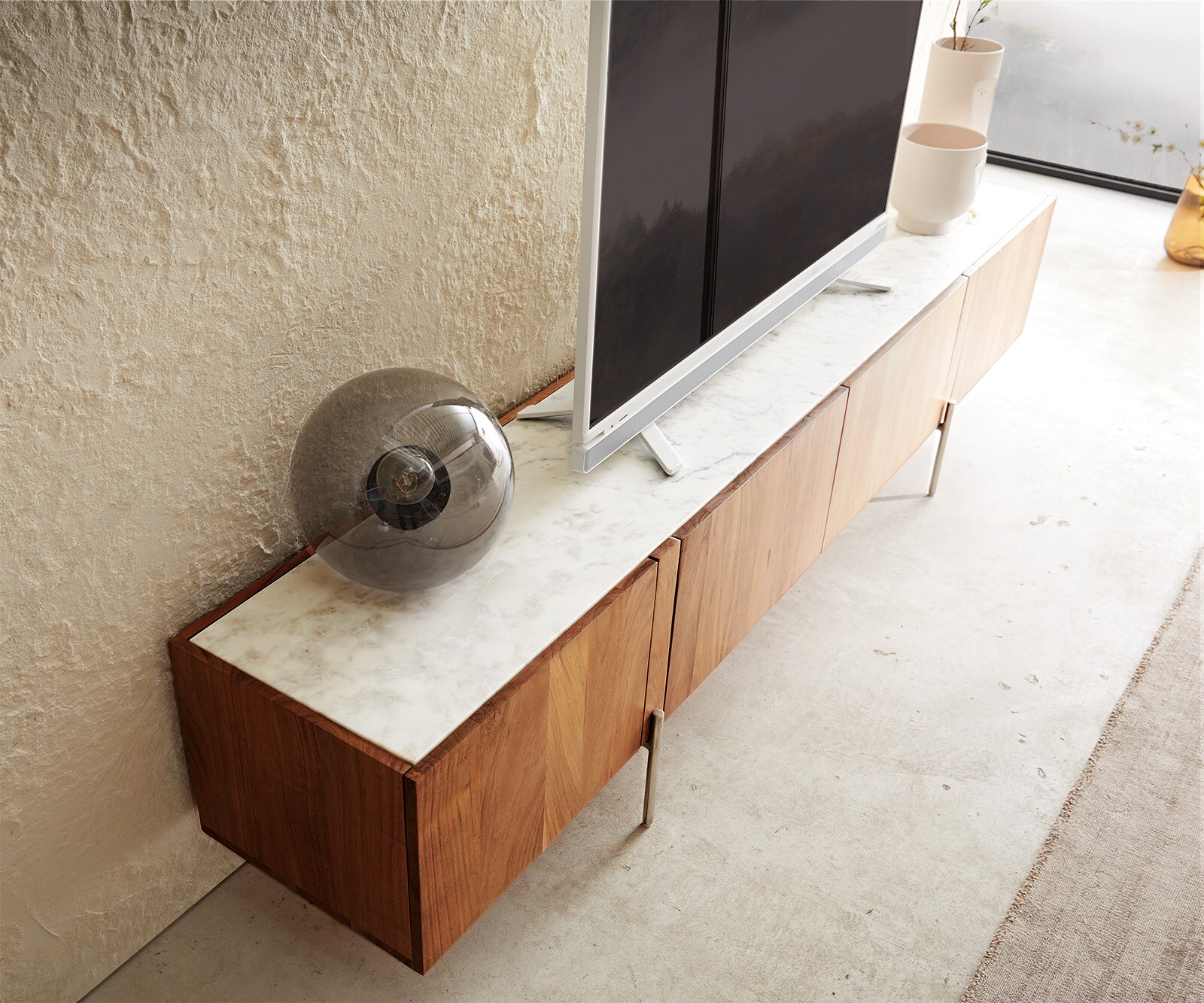 ТВ шкаф 220 cm Акация Натурал 4 Врати Мрамор крака Неръждаема стомана Secara 5