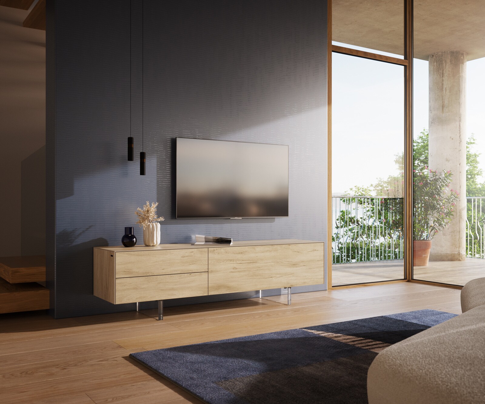 Ниска дъска Cuor 180 см Керамичен ламинат® Sabbia Дъбов цвят 1 клапа 2 чекмеджета Основа Плаващ вид акрилно стъкло 1