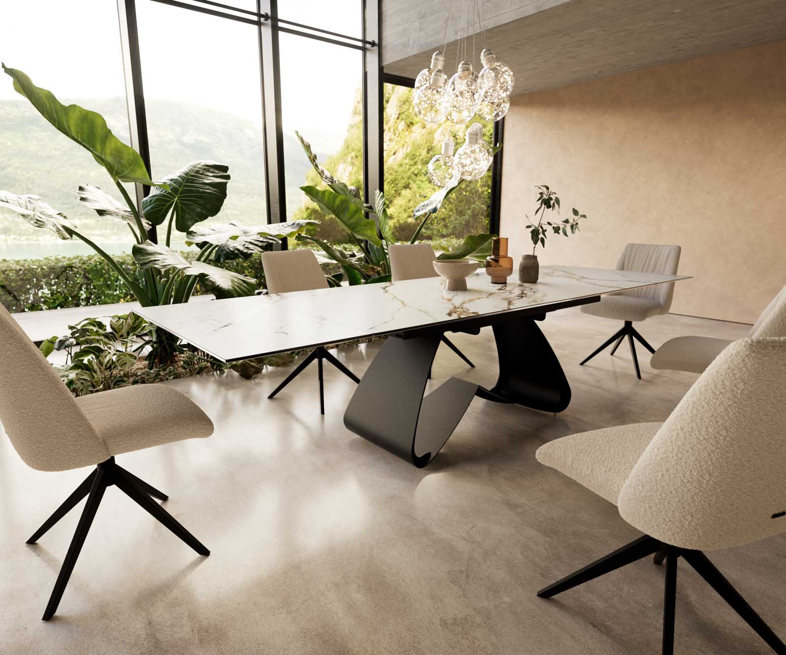Разтегателна трапезна маса Edge 200-300x100 см Керамика Calacatta Luxe Бял-Злато-Сив W-образна основа Черен