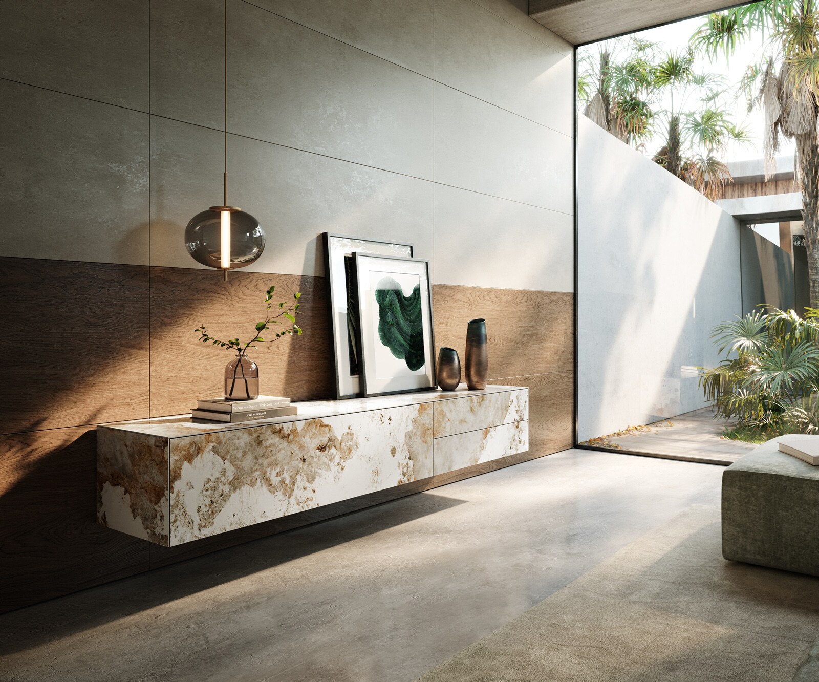 Нискък Шкаф Cuor 220 cm керамика Minas Melange бяло-бежово 1 клапа 2 чекмеджета 1