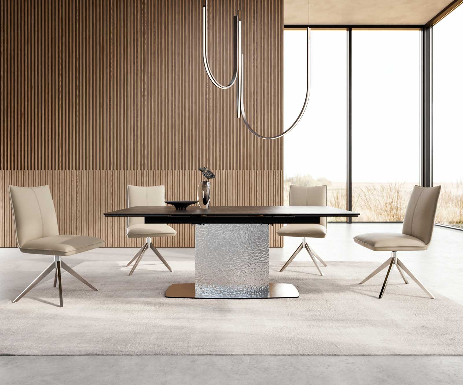 Разтегателна трапезна маса Edge 200-300х100 см Керамика Laminam®Noir Desir Тъмнокафяв Един крак основа Сребристосив 4