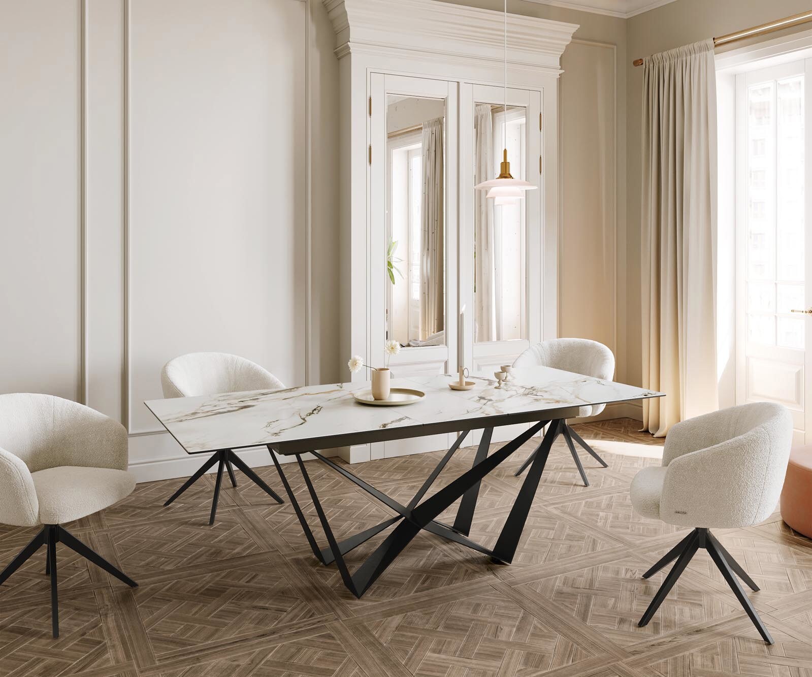 Маса 180-220x100 Keramik Calacatta Luxe Бял-Злато-Сив Spider плоска стомана Черен разтегателна Edge 6