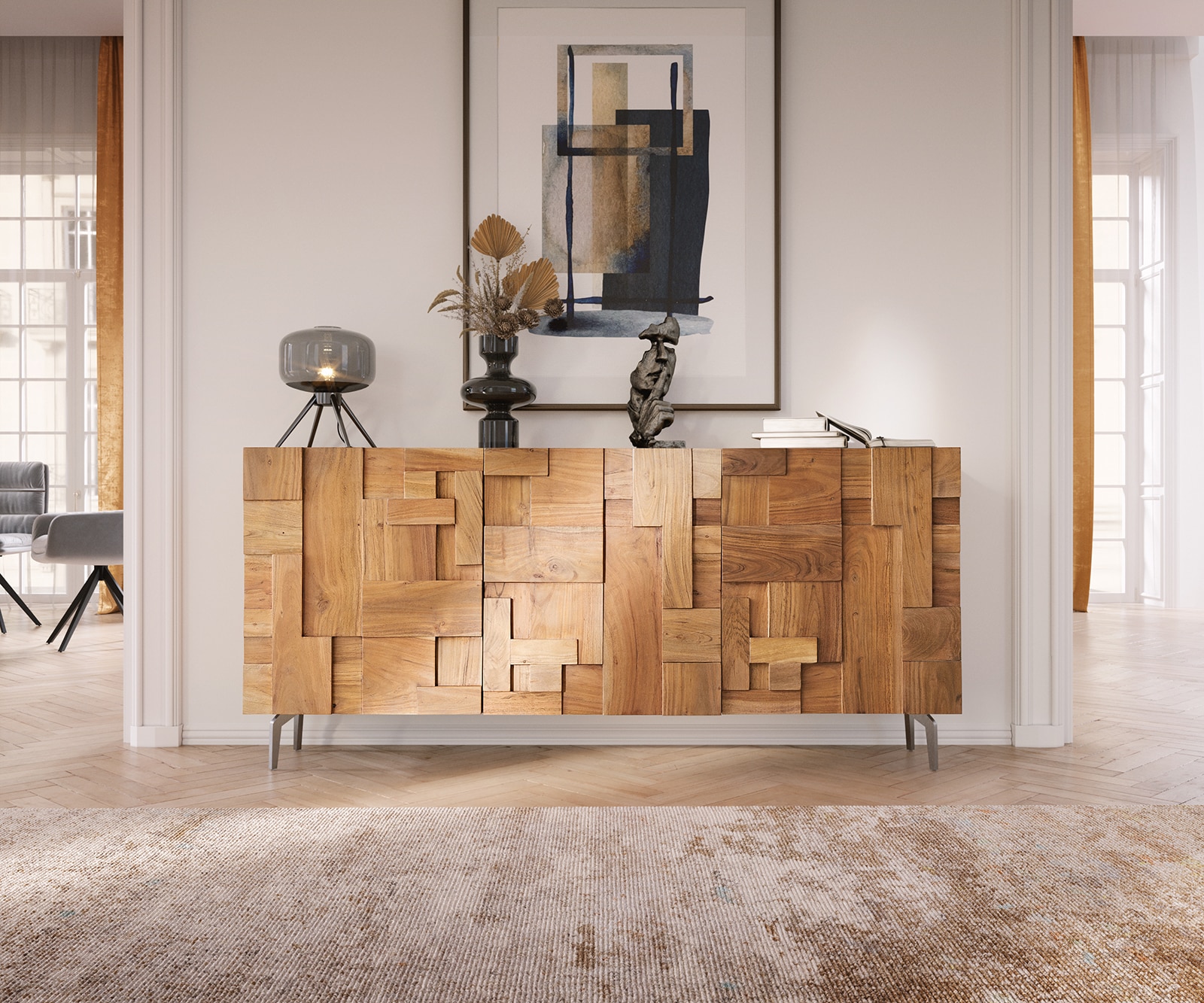 Бюфет 175 cm Акация Натурал 3 Врати винкелКрак Неръждаема стомана Puzzle 1 Бюфет 175 cm Акация Натурал 3 Врати винкелКрак Неръждаема стомана Puzzle 1