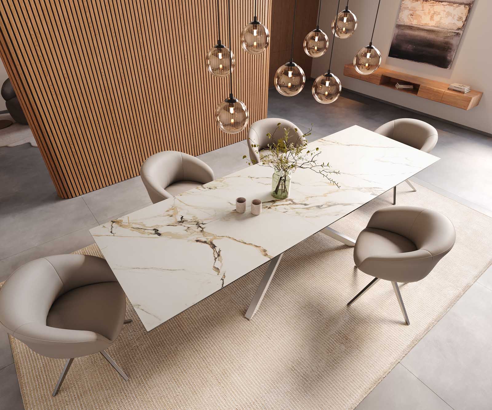Трапезна маса Edge 300x100, керамика Calacatta Luxe, бяло-златно-сиво, кръстообразна рамка, правоъгълна, неръждаема стомана 6