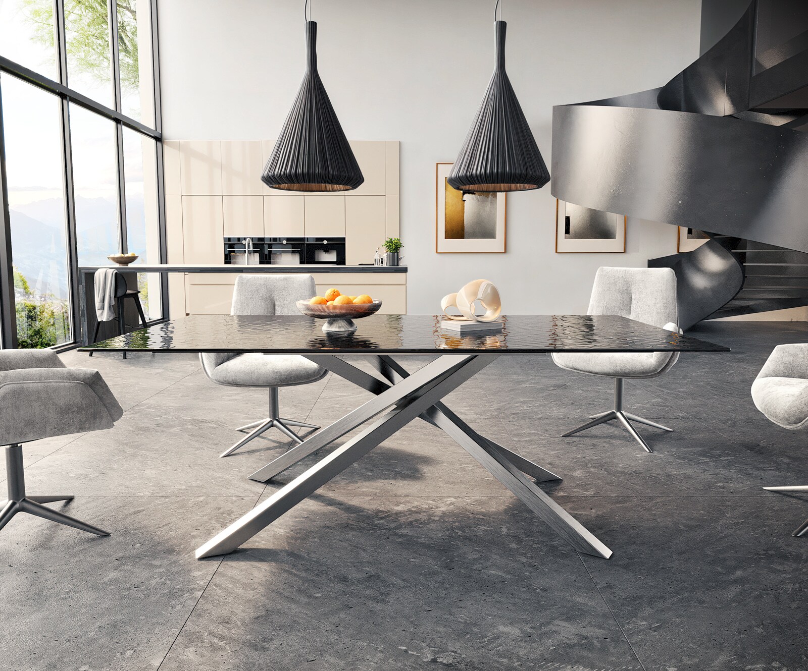 Трапезна маса Edge 200x100 релефно стъкло опушено черно 3D дизайн кръстосана рамка правоъгълна неръждаема стомана 1