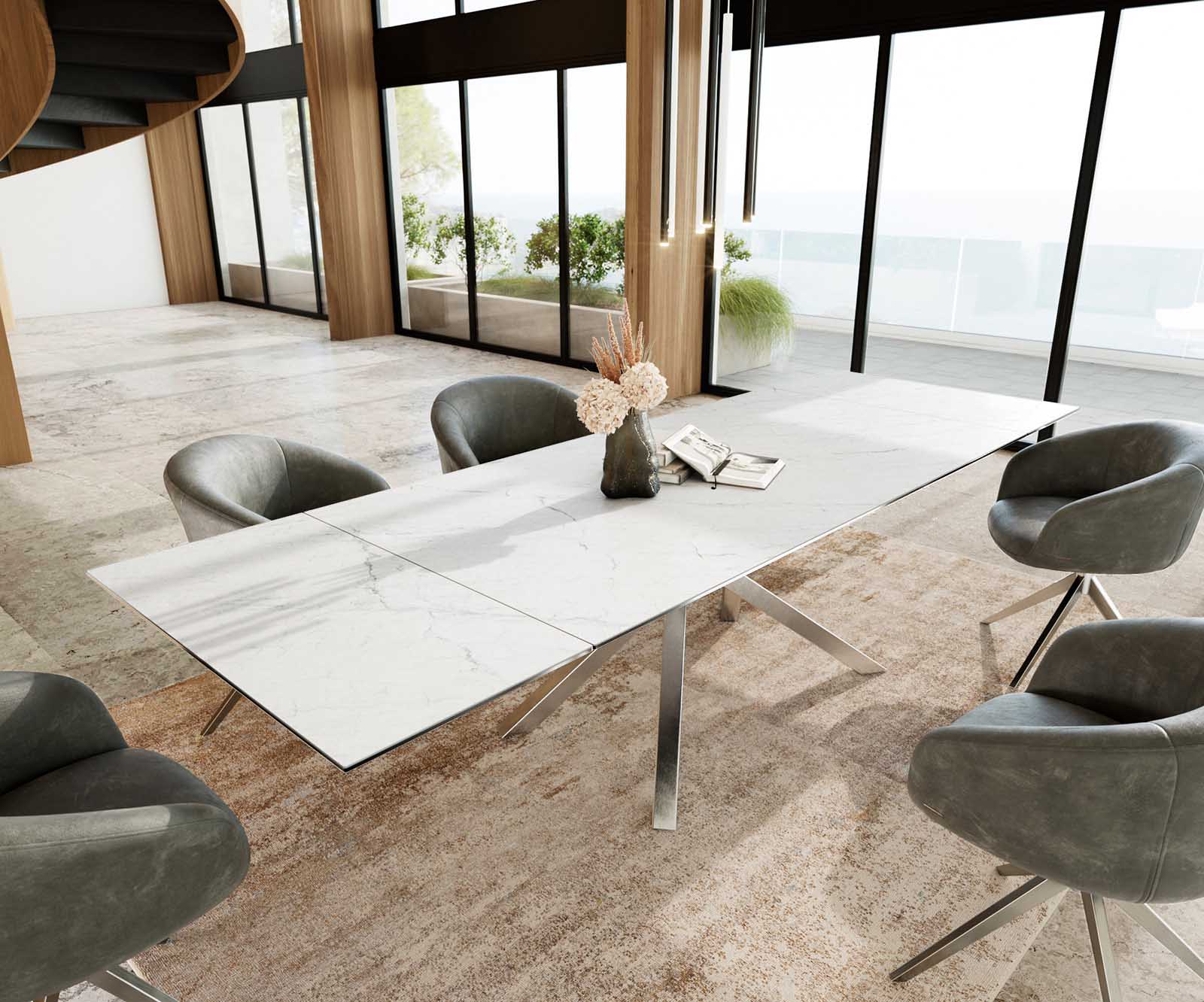 Разтегателна трапезна маса Edge 200-300х100 см Керамика  Laminam®Statuarietto Бял Кръсртовидна основа Сребристосив 2
