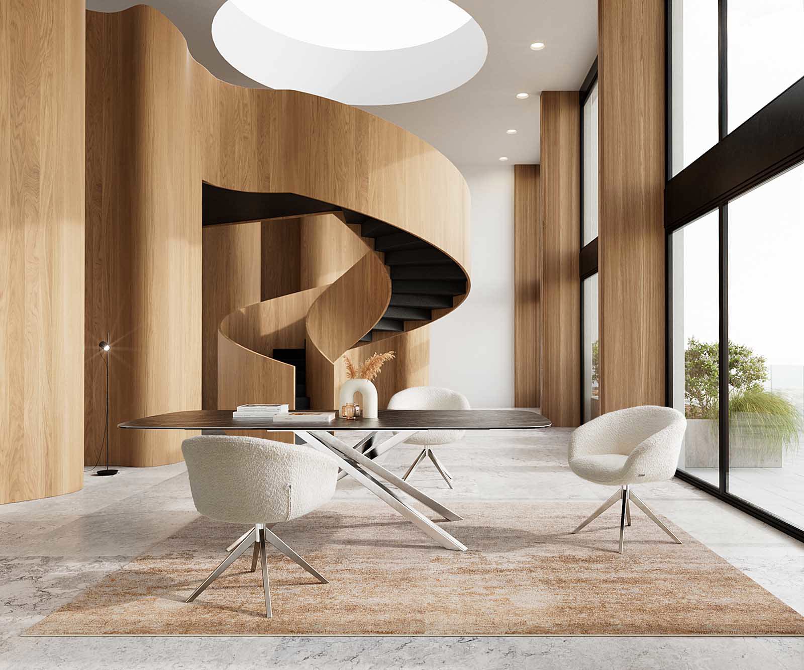 Врътящ се стол с подлакътници Букле Бял Конус крак плосък Неръждаема стомана 360° въртящ се Покет пружина Vinka-Flex 5 Врътящ се стол с подлакътници Букле Бял Конус крак плосък Неръждаема стомана 360° въртящ се Покет пружина Vinka-Flex 5