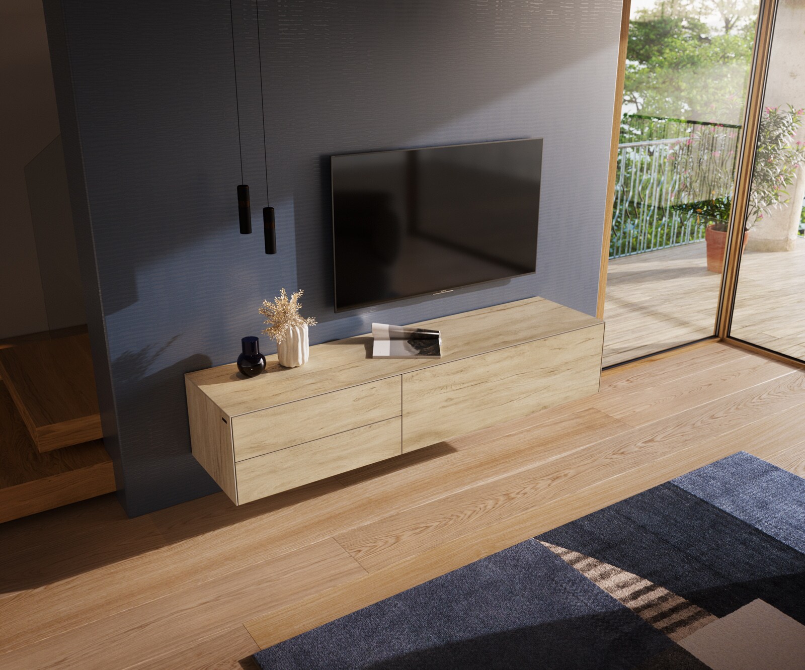 Стенен ТВ шкаф Cuor 180 см Керамика Laminam® Sabbia Дъб цвят 1 врата 2 чекмеджета  3