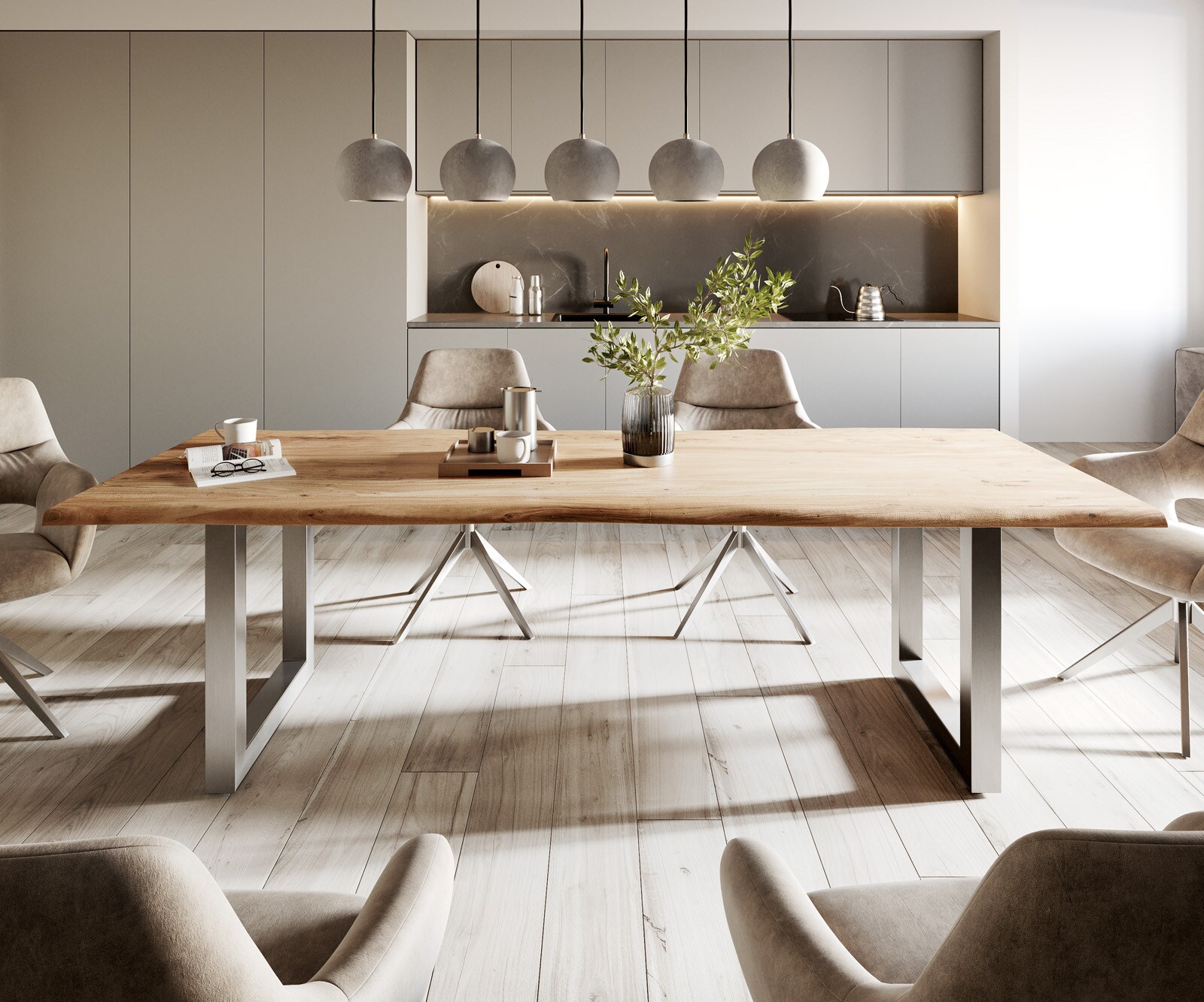 Трапезна маса Edge 260x100, естествена акация, неръждаема стомана, широка, с естествени ръбове 2
