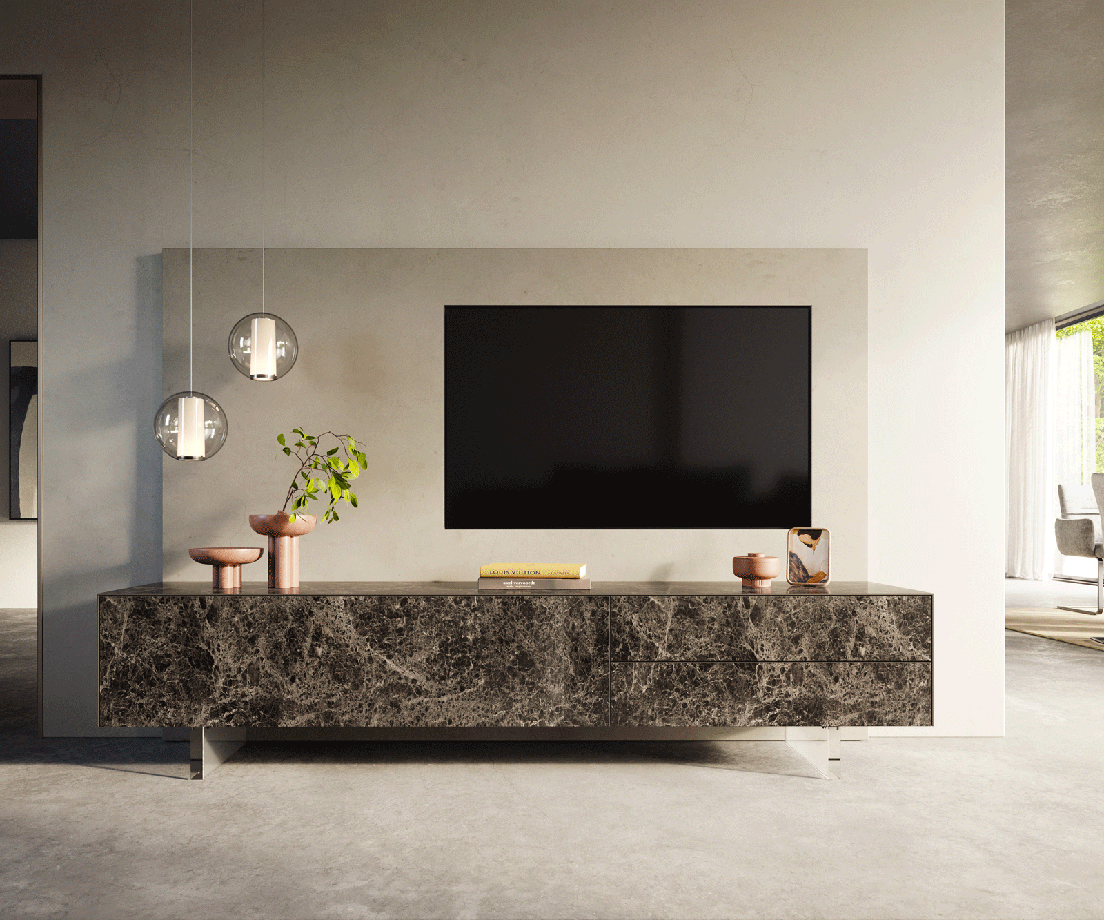 ТВ шкаф Cuor 220 см Керамика Laminam® Emperador Extra Lucidato Тъмно-кафяво 1 врата 2 чекмеджета Основа Акрилно стъкло 2