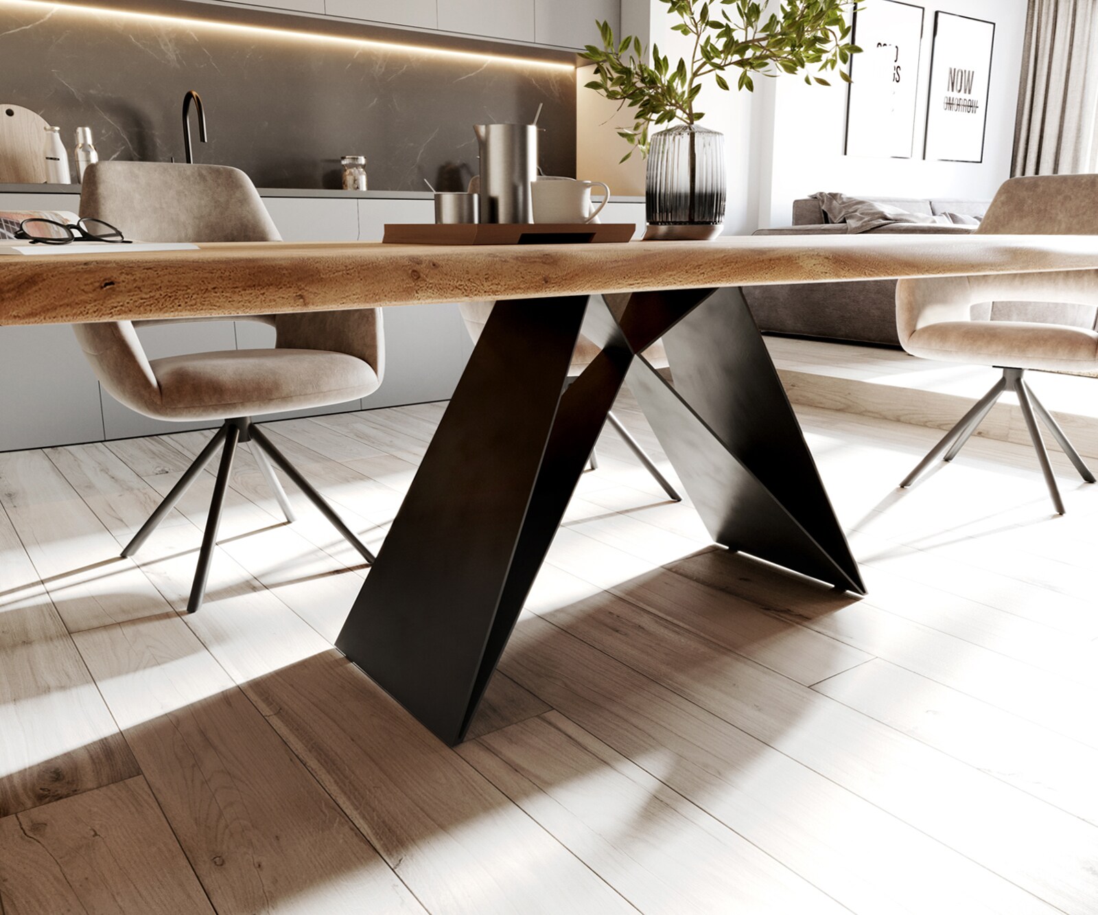 Трапезна маса Edge 260x100 XL, естествена акация, V-образна рамка от плоска стомана в черно, Live-Edge 4