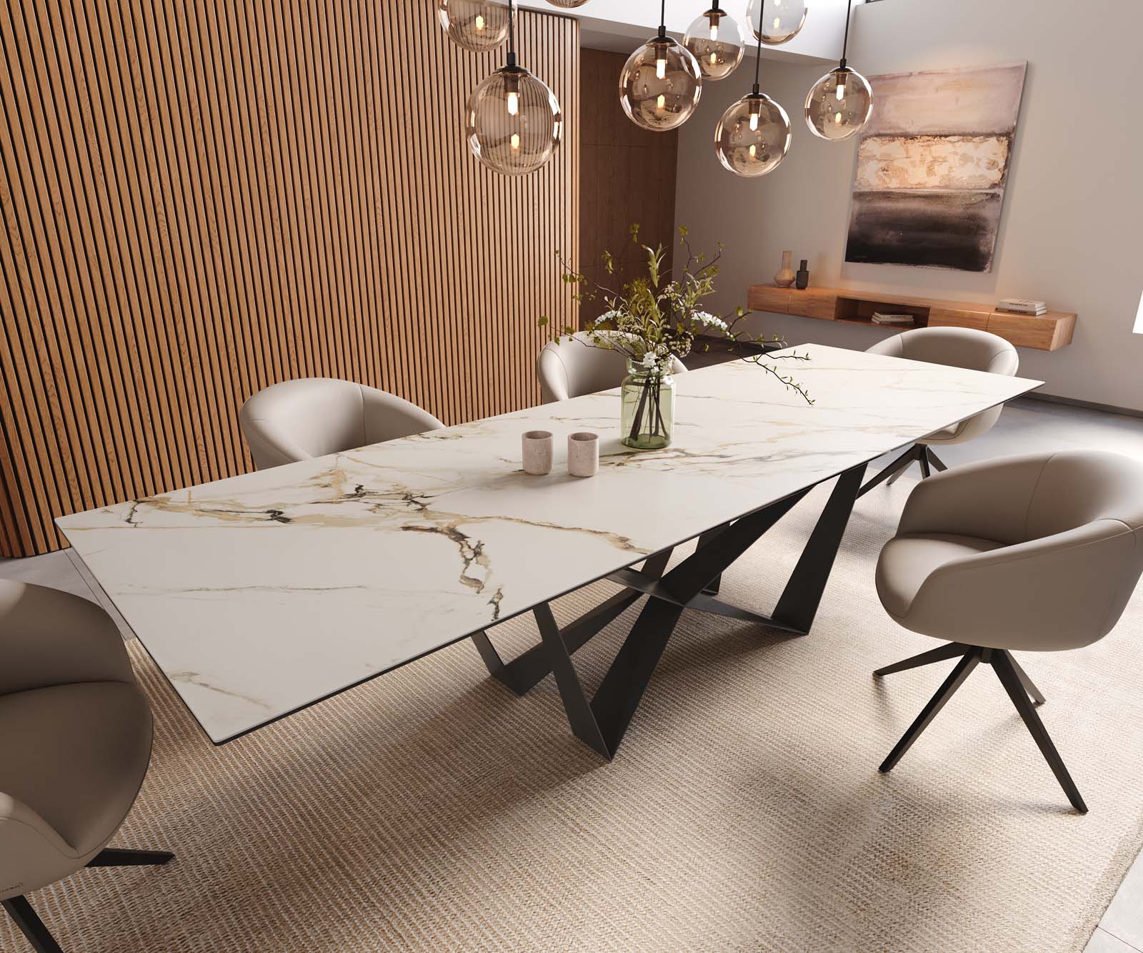 Трапезна маса Edge 300x100, керамика Calacatta Luxe, бяло-златно-сиво, Spider, плоска стомана, черно
