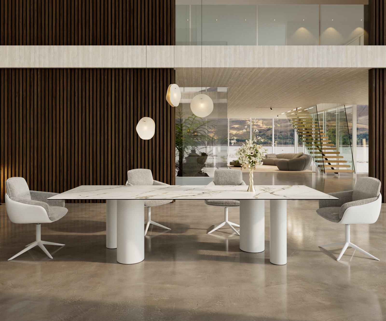Трапезна маса Edge 300x100, керамика Calacatta Luxe, бяло-златно-сиво, метална основа Pilier, бяла