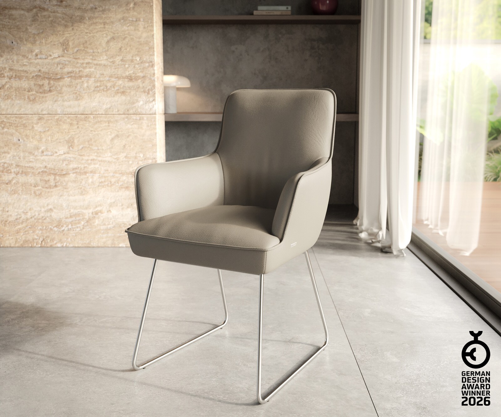 Стол Естествена кожа Сиво-Кафяв Извити крака Неръждаема стомана Покет пружина Heira-Flex