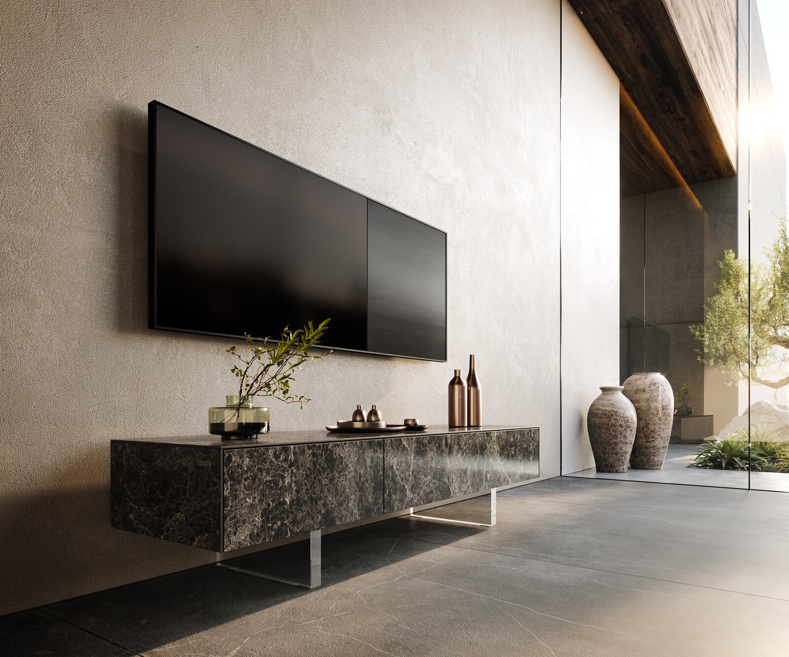 ТВ шкаф Cuor 150 см Керамика Laminam® Emperador Extra Lucidato Тъмно-кафяво 1 врата 1 чекмедже Основа Акрилно стъкло