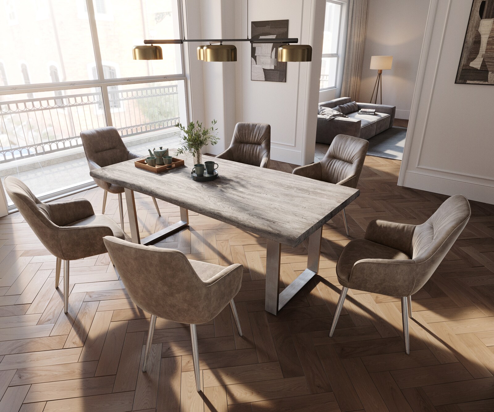 Стол с подлакътници Таупе Винтидж 4-крака Прави Неръждаема стомана  Покет пружина Zelia-Flex 3