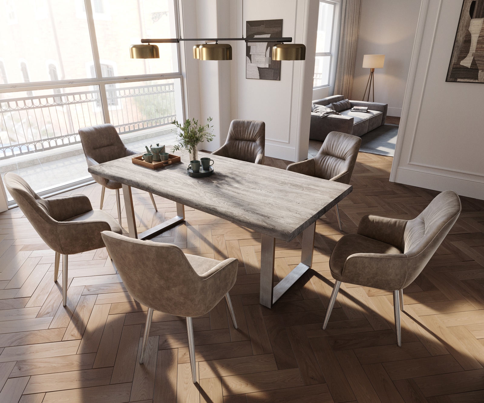 Стол с подлакътници Таупе Винтидж 4-крака Прави Неръждаема стомана  Покет пружина Zelia-Flex 4