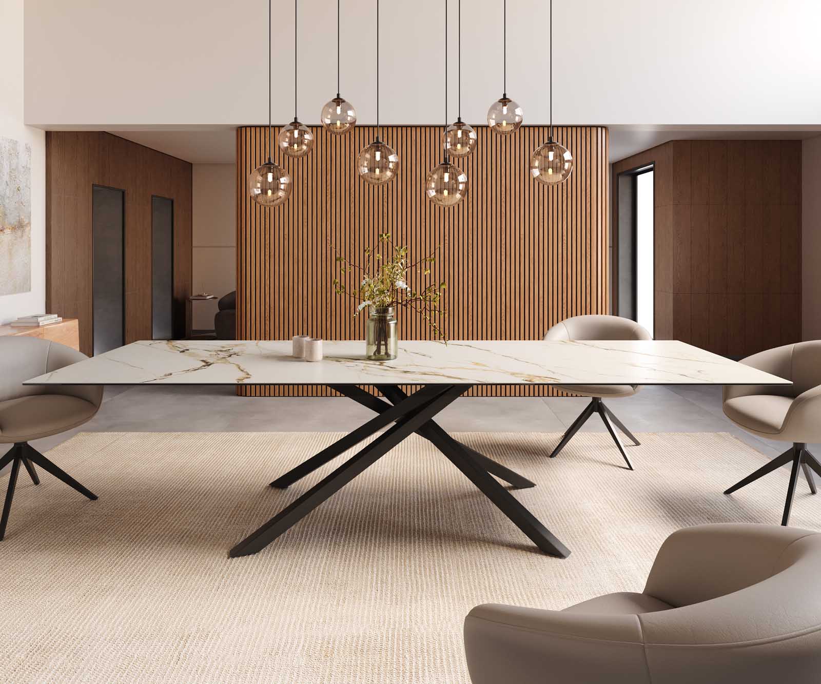 Трапезна маса Edge 300x100, керамика Calacatta Luxe, бяло-златно-сиво, кръстообразна рамка, правоъгълна, черна 2