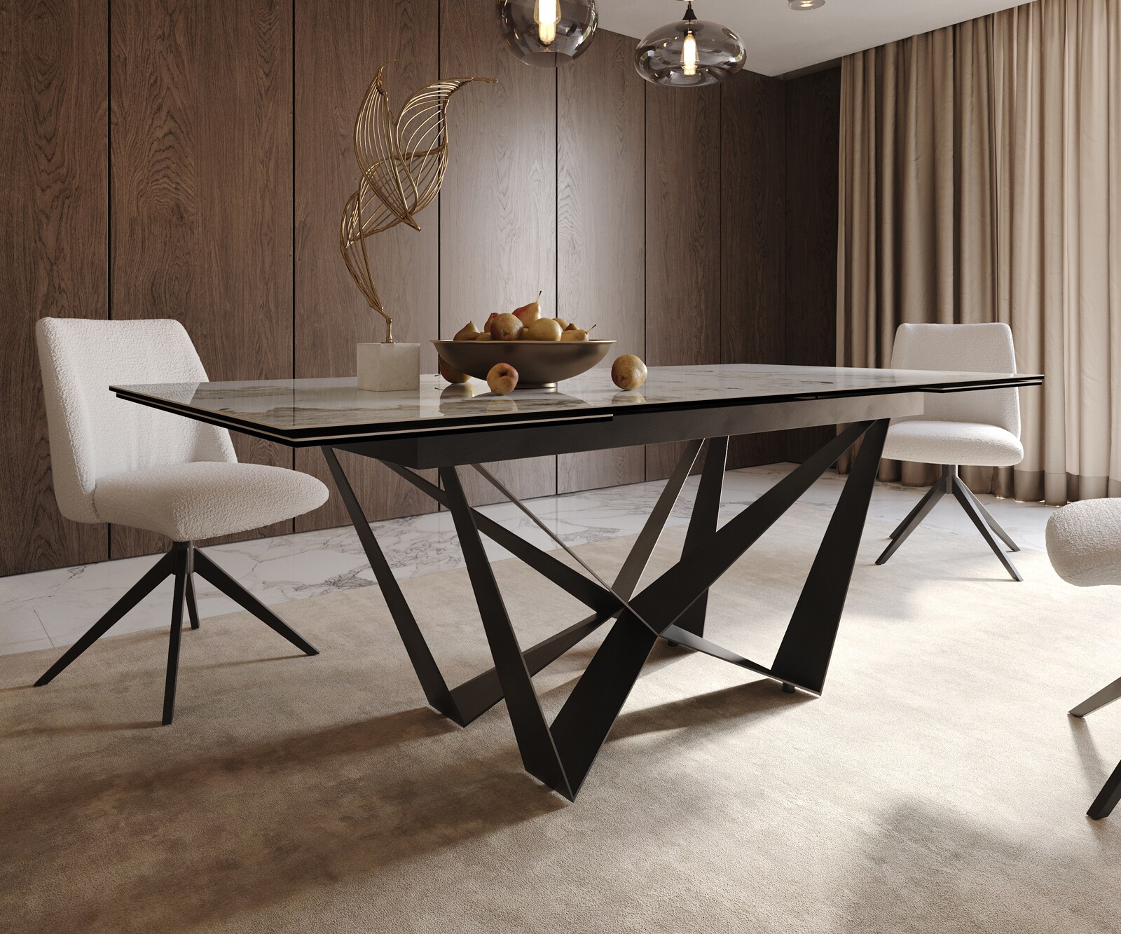 Маса 200-300x100 Keramik Minas Melange Бял-Бежов Spider плоска стомана Черен разтегателна Edge 7