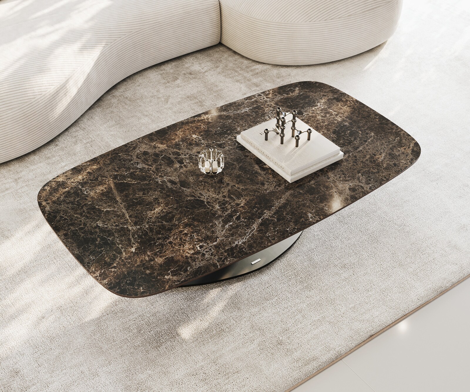 Масичка за кафе Edge Boot 140x80 cm керамика Laminam® Emperador Extra Lucidato тъмнокафяво Vibany Metal Black 4