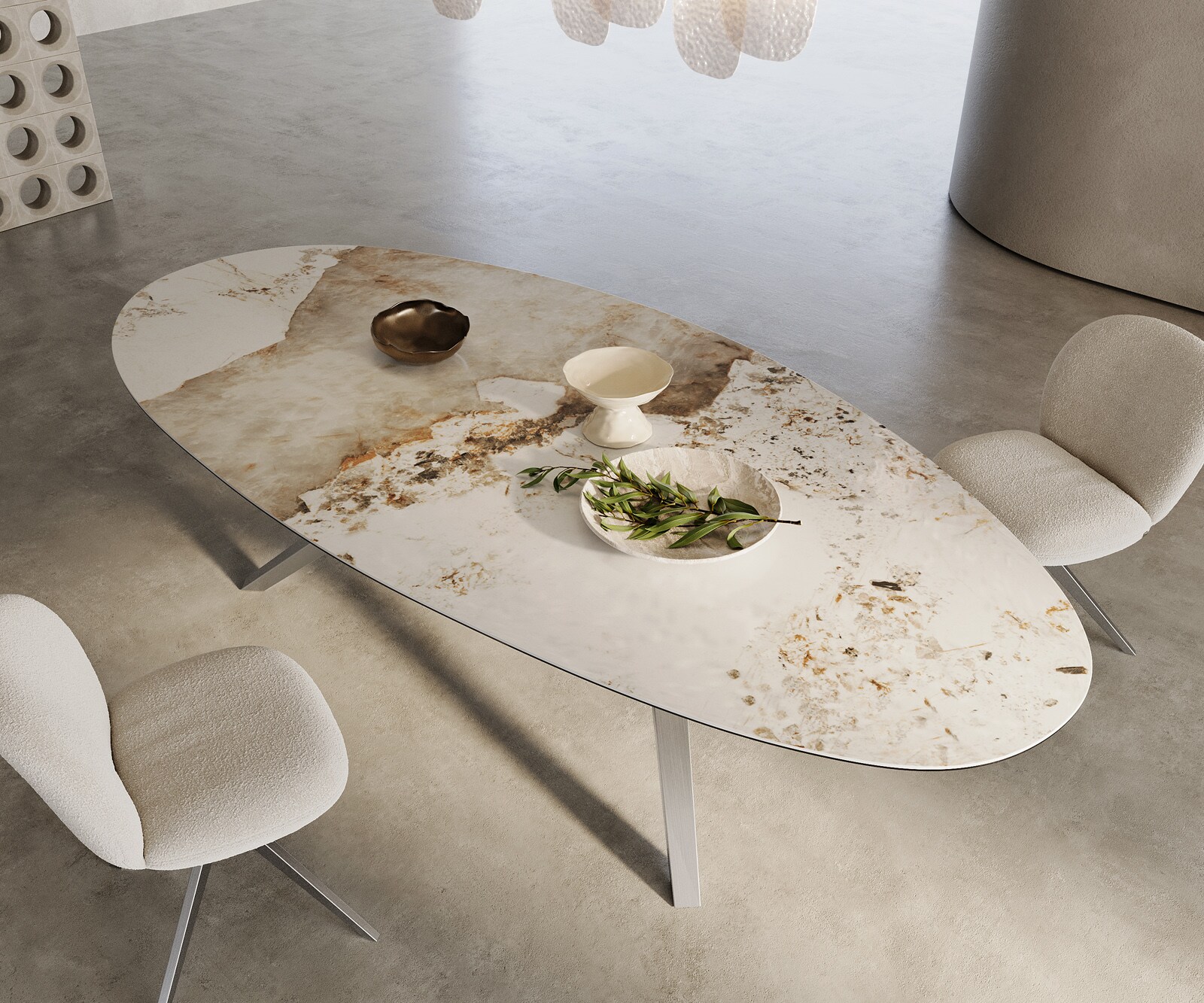 Трапезна маса Edge Oval 280x130, керамика Minas Melange, бяло-бежово, Zenthara, с остри ръбове, неръждаема стомана 1
