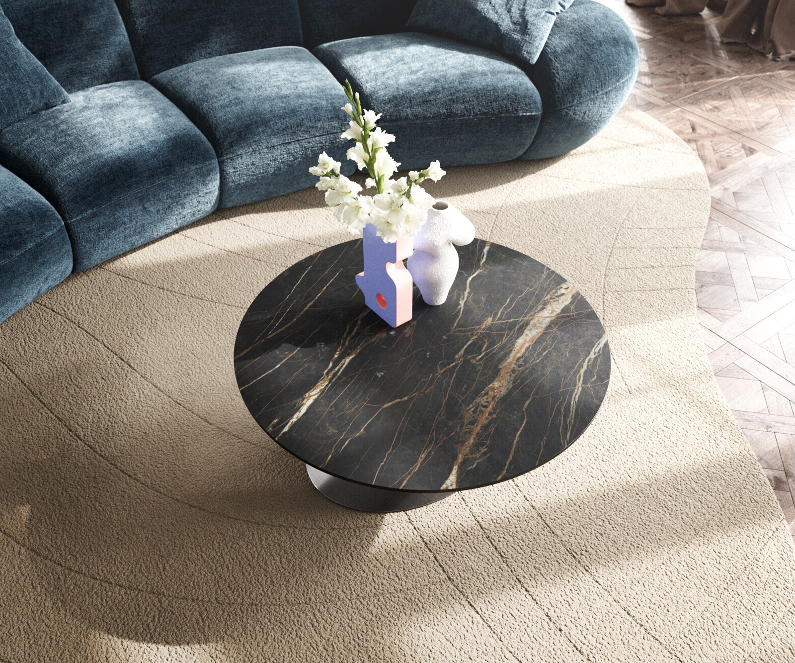 Масичка за кафе Edge Round 90x90 cm Ceramic Laminam® Noir Desir Brown Conis Metallic Silver 3