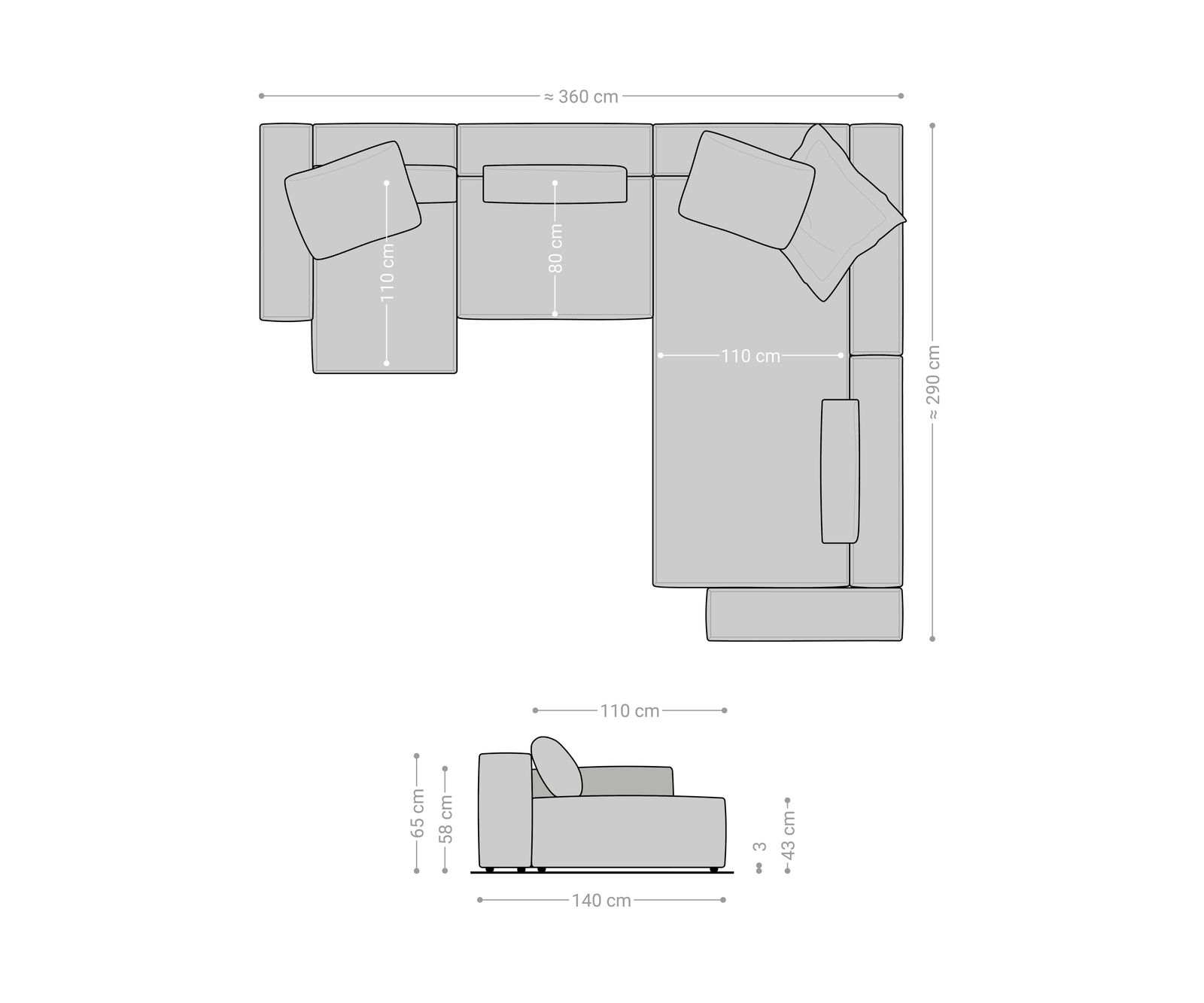 Дневен кът Freestyle 360x290 cm структуриран плат мек сив ватиран 6