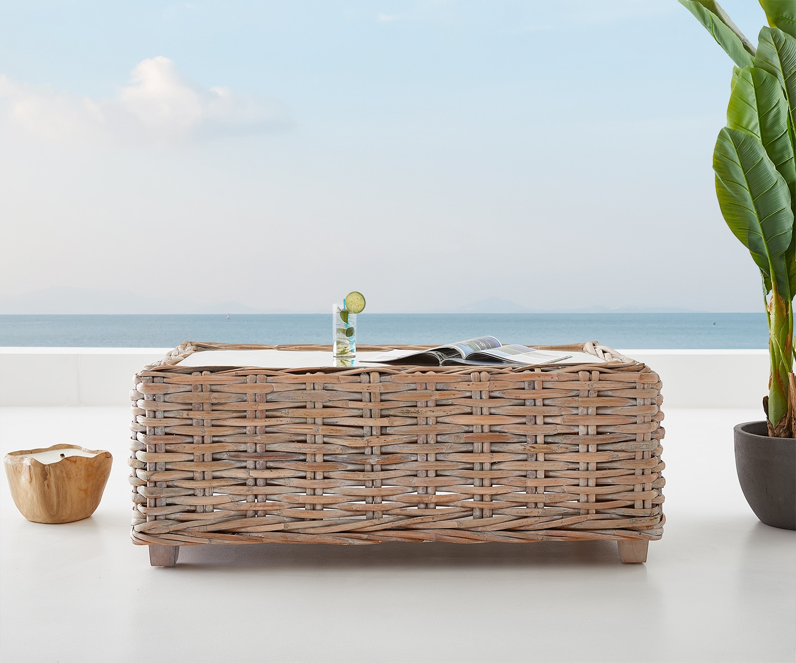 Холна маса 133x73 cm Ратан Бял Избелен Стъклоплот Nizza 2