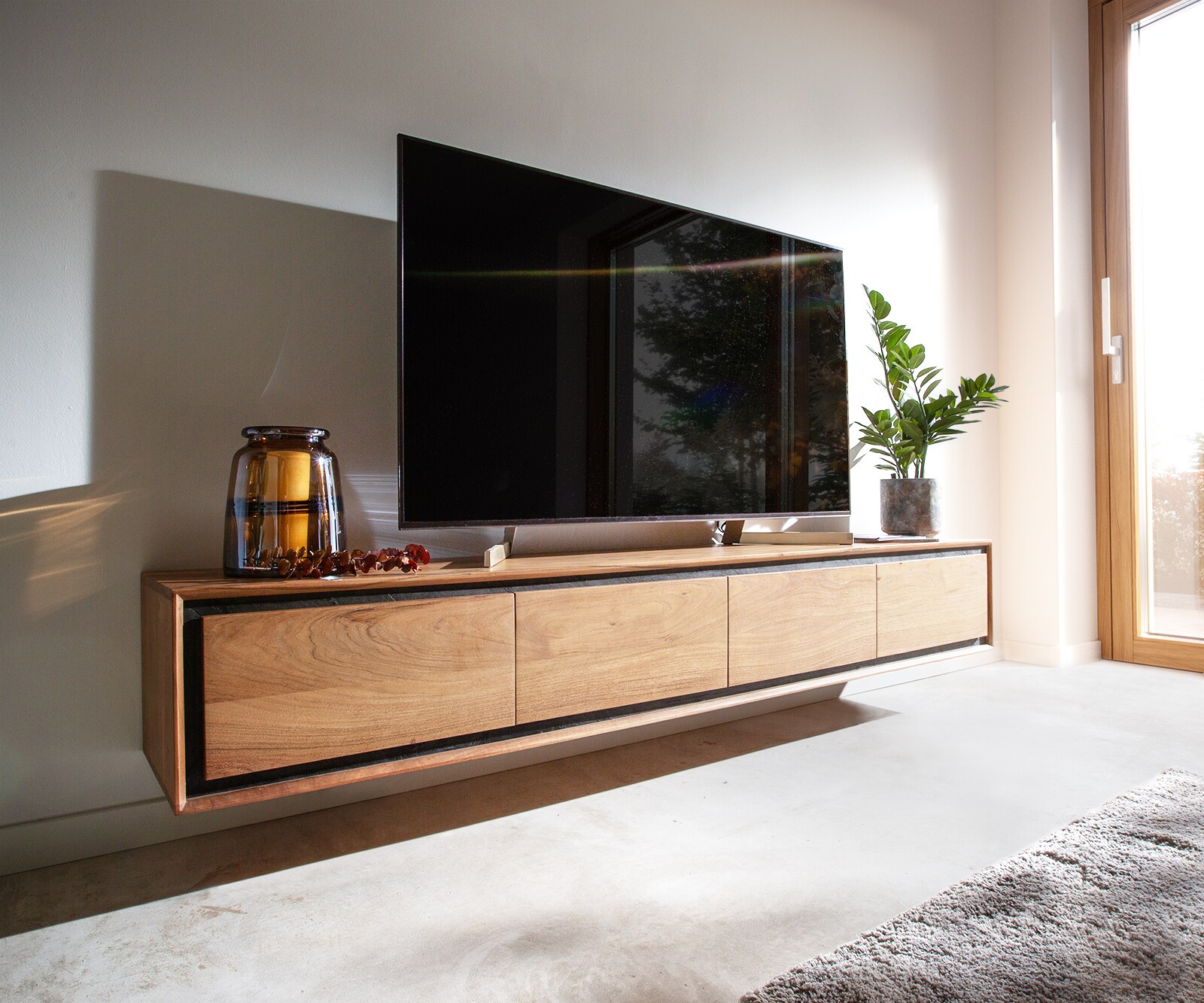 Нисък шкаф 200 cm Акация Натурал 4 Врати каменен фурнир висящ Stonegrace
