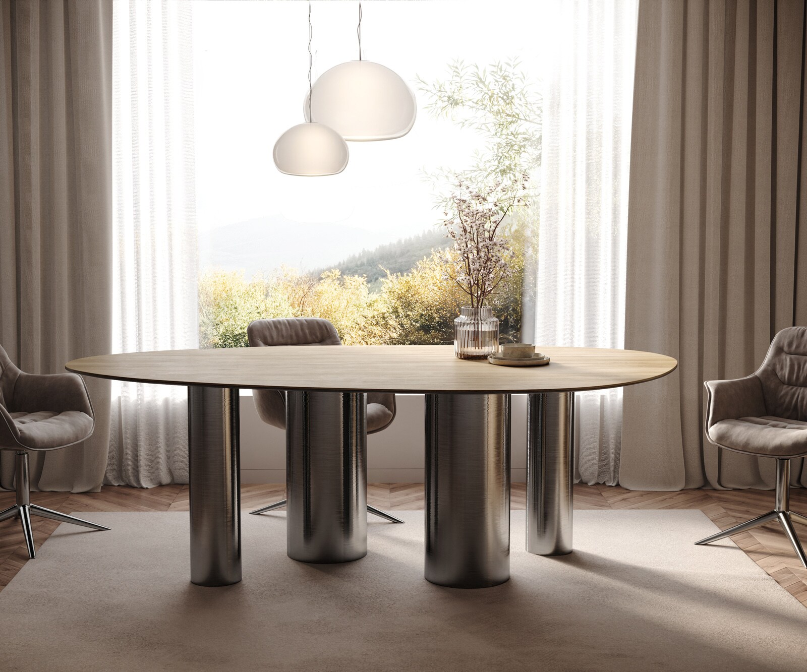 Трапезна маса Edge Oval 220x120 Керамичен ламинат® Sabbia Дъбов цвят Pilier Неръждаема стомана Графит 1