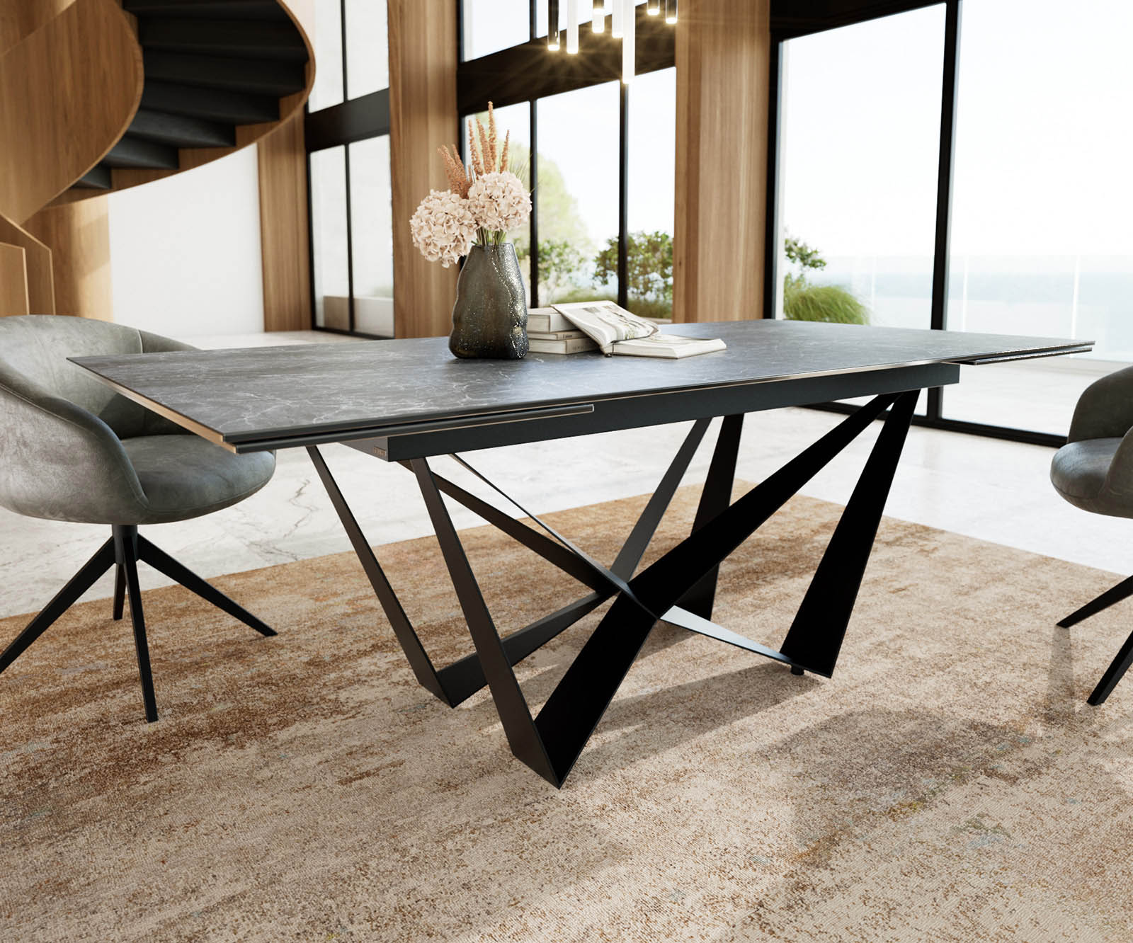 Разтегателна трапезна маса Edge 200-300х100 см Керамика Laminam® Nero Greco Антрацит Основа стомана тип Spider Черна 3