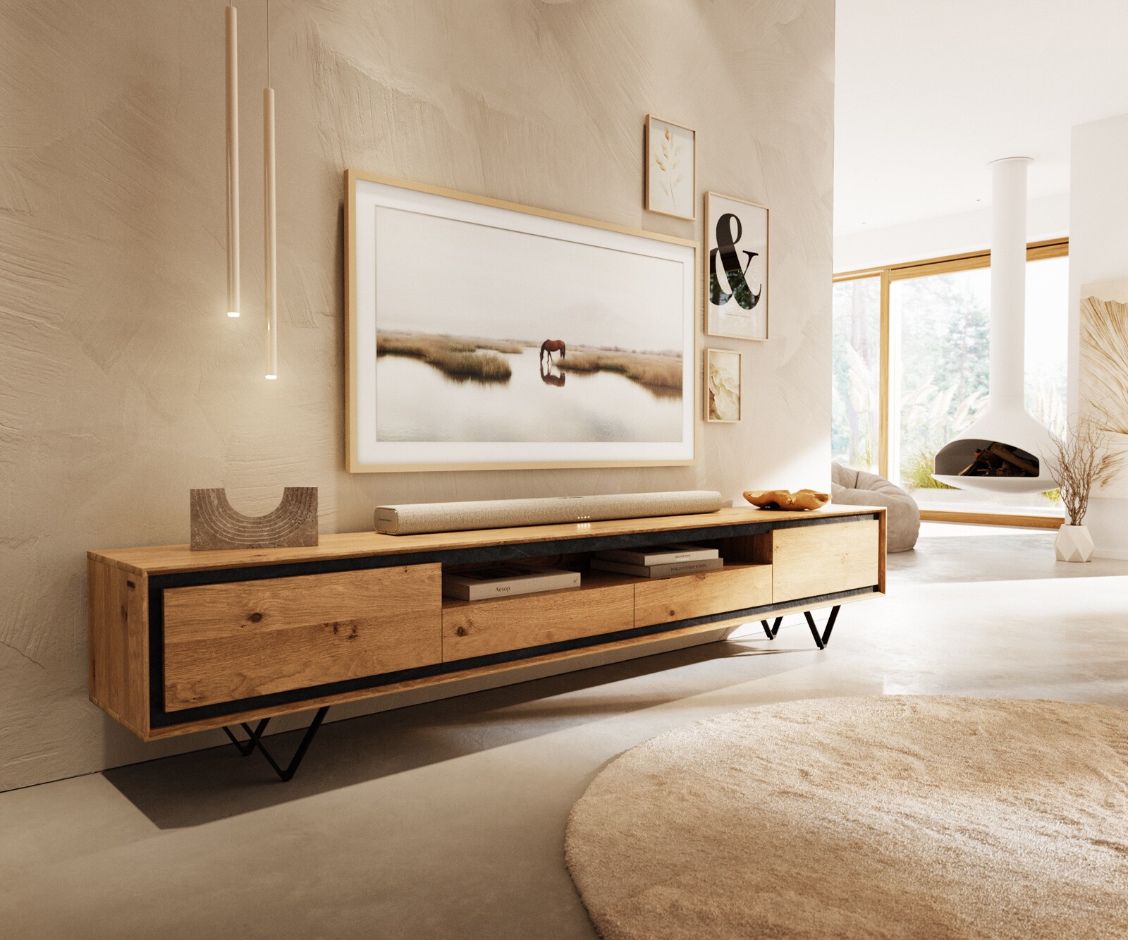 Нисък шкаф Stonegrace 240 cm естествен дъб 2 врати 1 отделение 2 чекмеджета каменен фурнир V-образен метален крак черен
