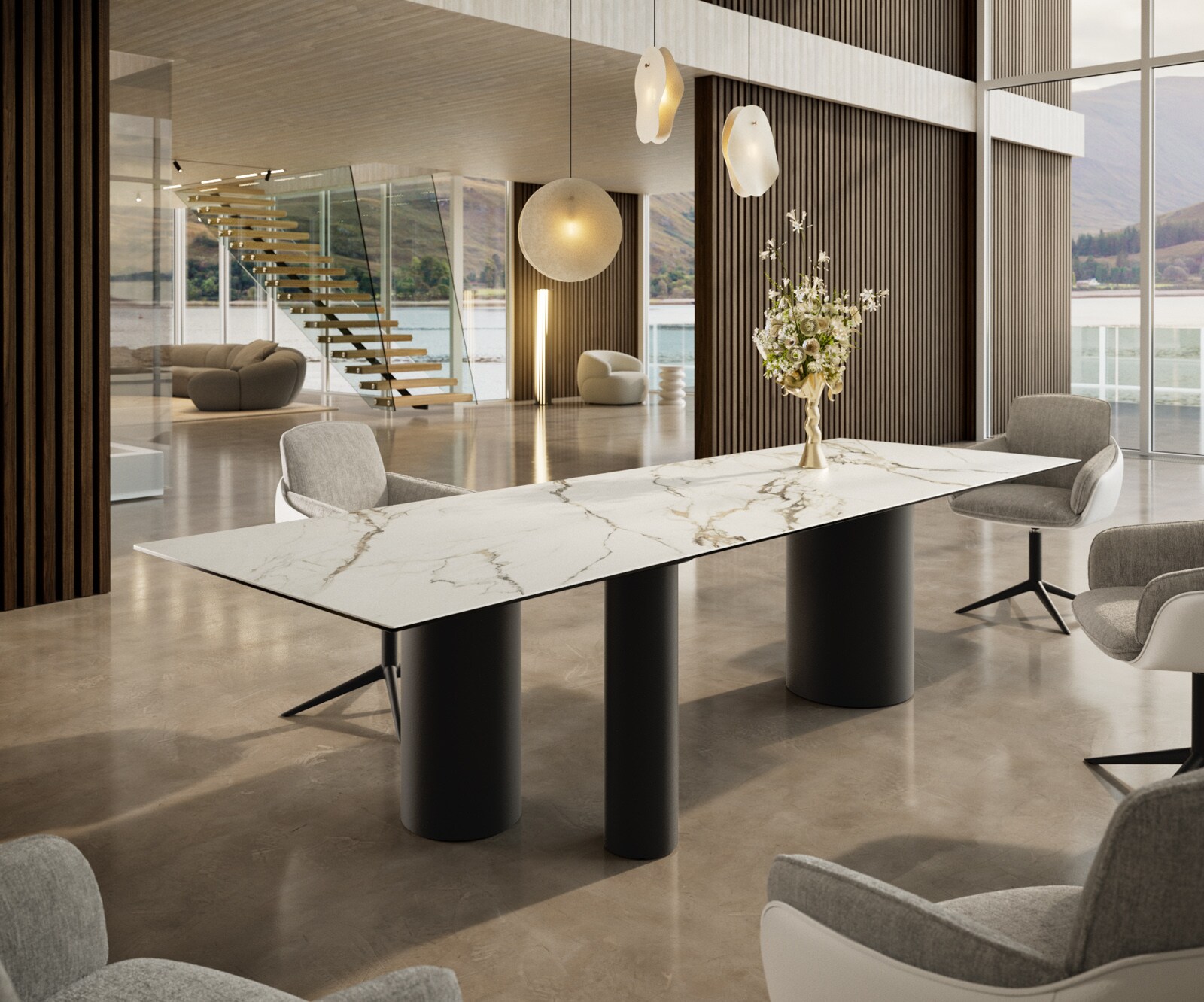 Трапезна маса Edge 300x100, керамика Calacatta Luxe, бяло-златно-сиво, метал Troa, черно 1