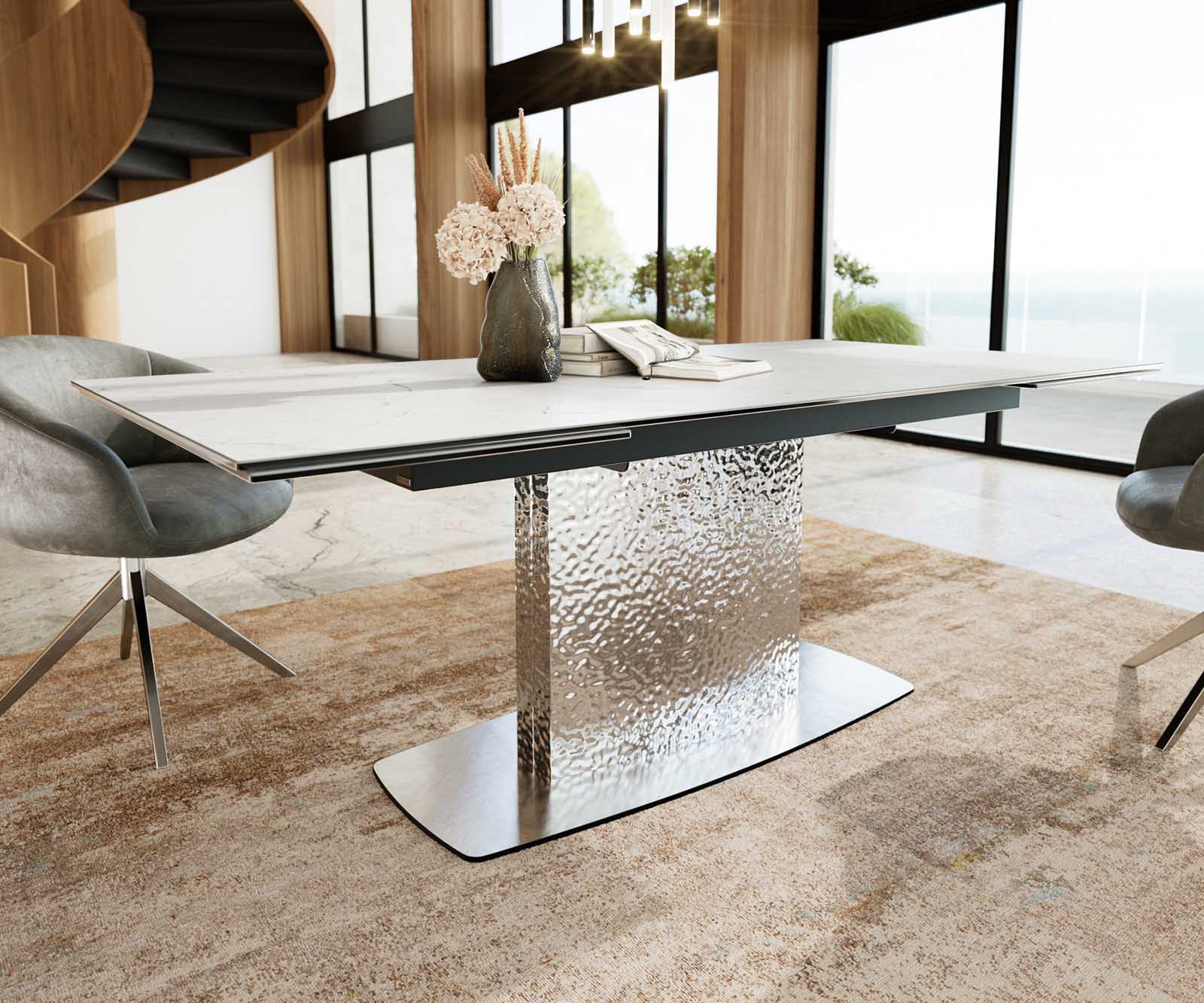 Разтегателна трапезна маса Edge 200-300х100 см Керамика Laminam®Statuarietto Бял Един крак основа Сребристосив 5