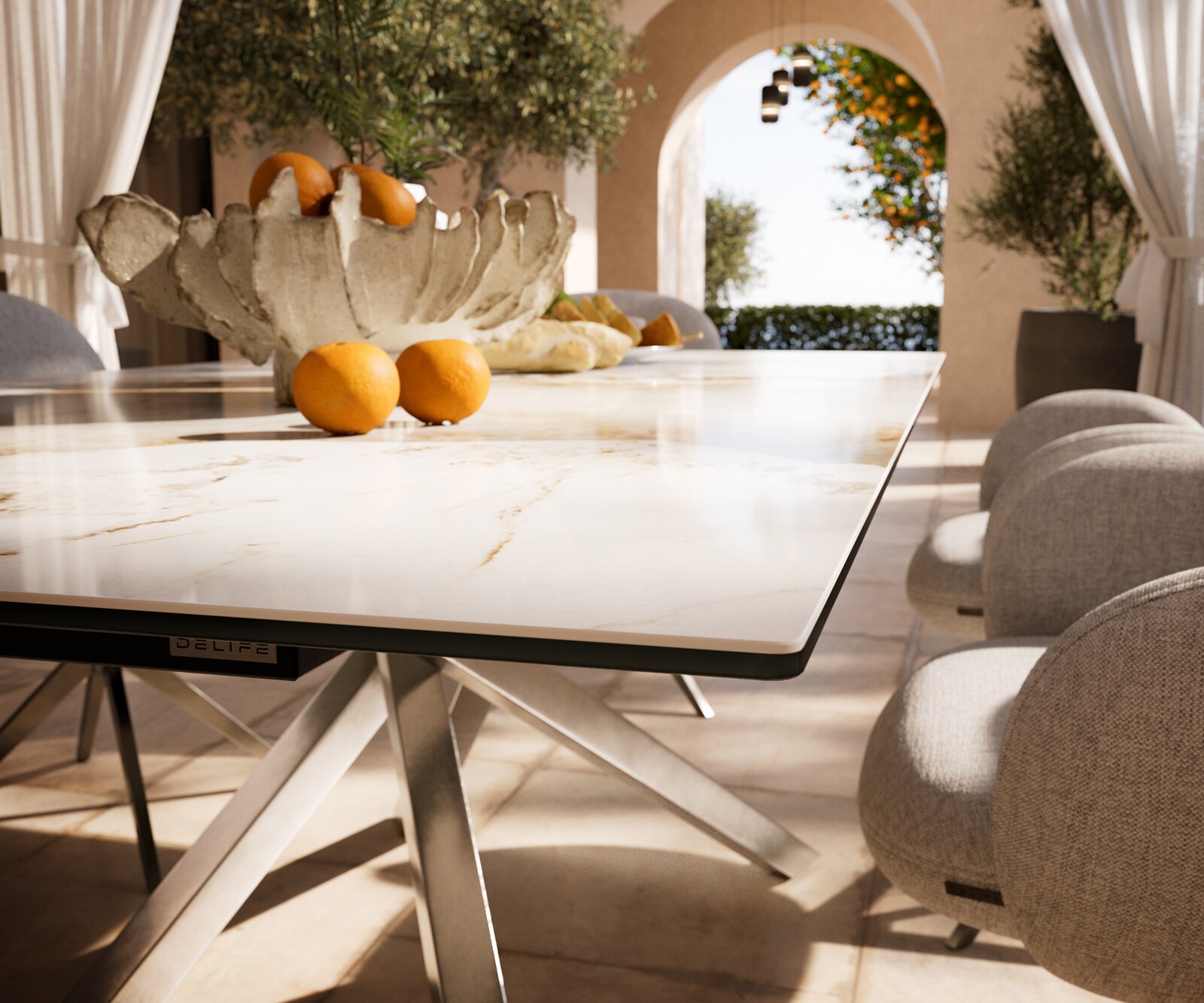 Маса Edge 200x100 см, керамика Minas Melange, бяло-бежова, подходяща за външна употреба. кръстообразна рамка, правоъгълна, неръждаема стомана 4