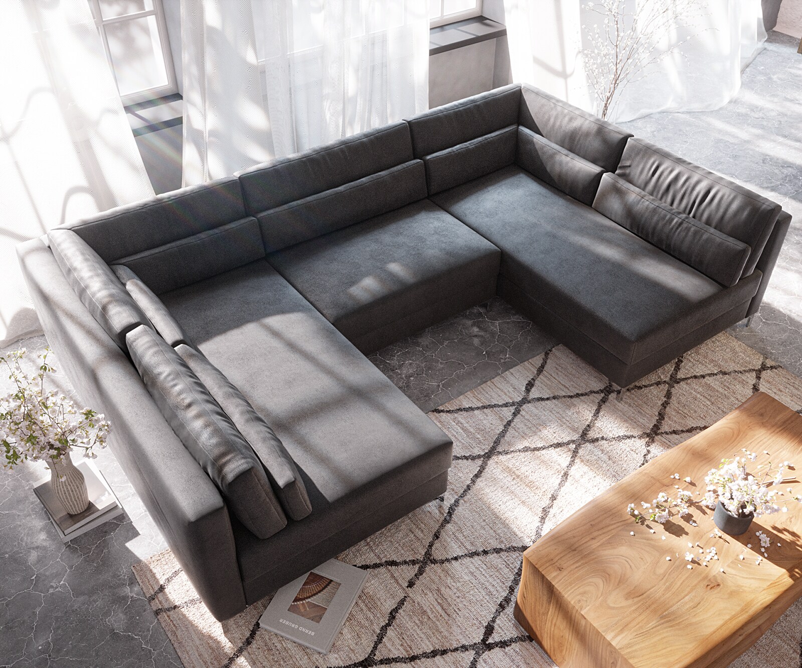  300x185 cm Имитация на кожа Винтидж Антрацит с Табуретка Elio 4