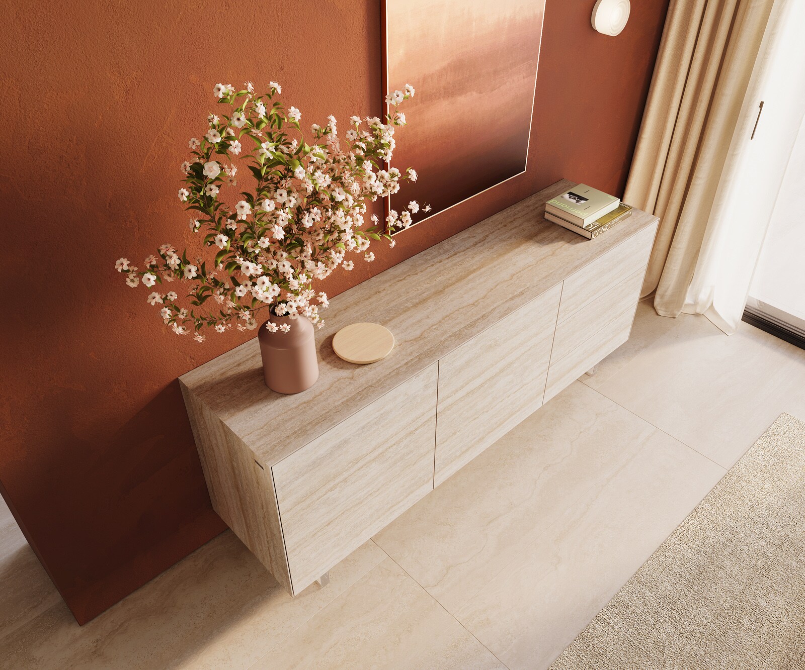 Бюфет Cuor 180 cm Керамичен ламинат® Travertino Bianco Кремаво-бяло 2 врати 3 чекмеджета Основа Плаващ вид акрилно стъкло 3