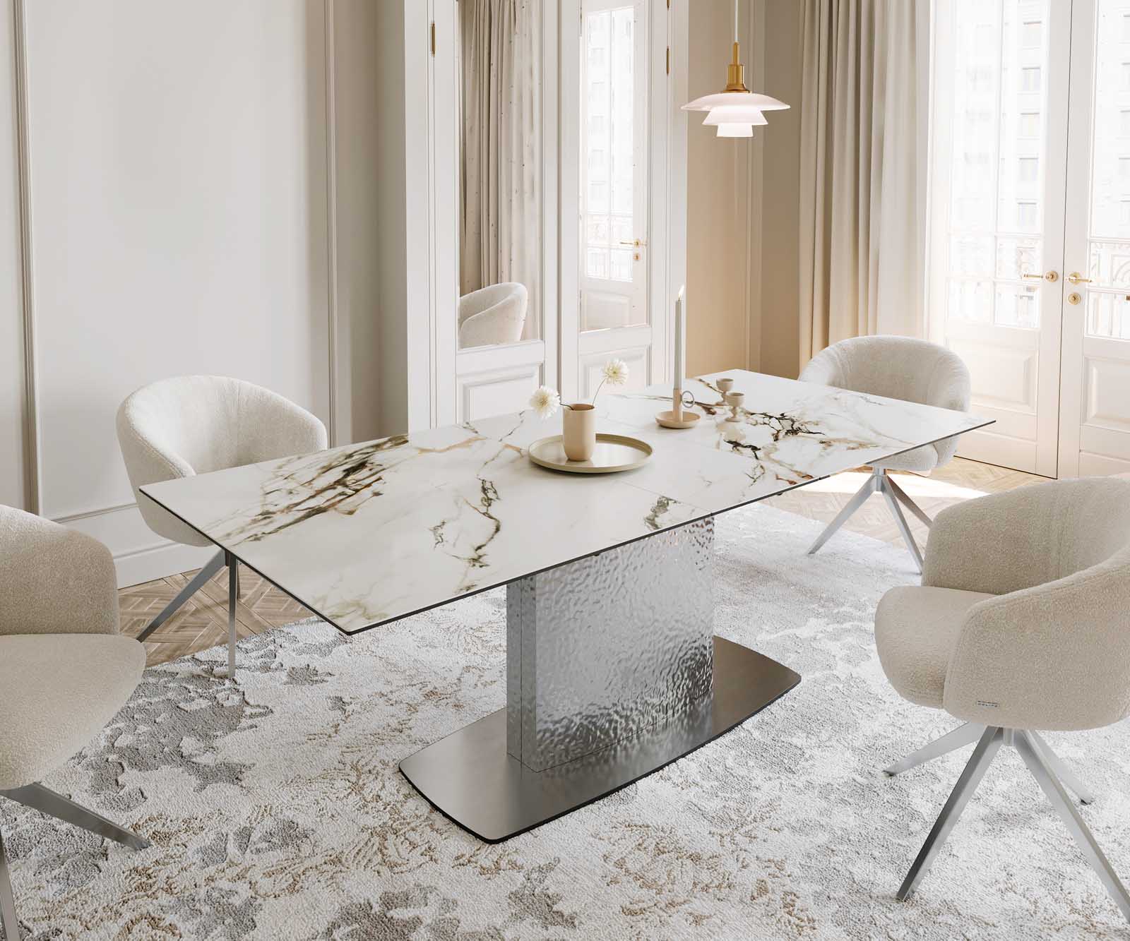 Разтегателна трапезна маса Edge 180-220х100 см Керамика Calacatta Luxe Бял-Злато-Сив Един крак основа Сребристосив