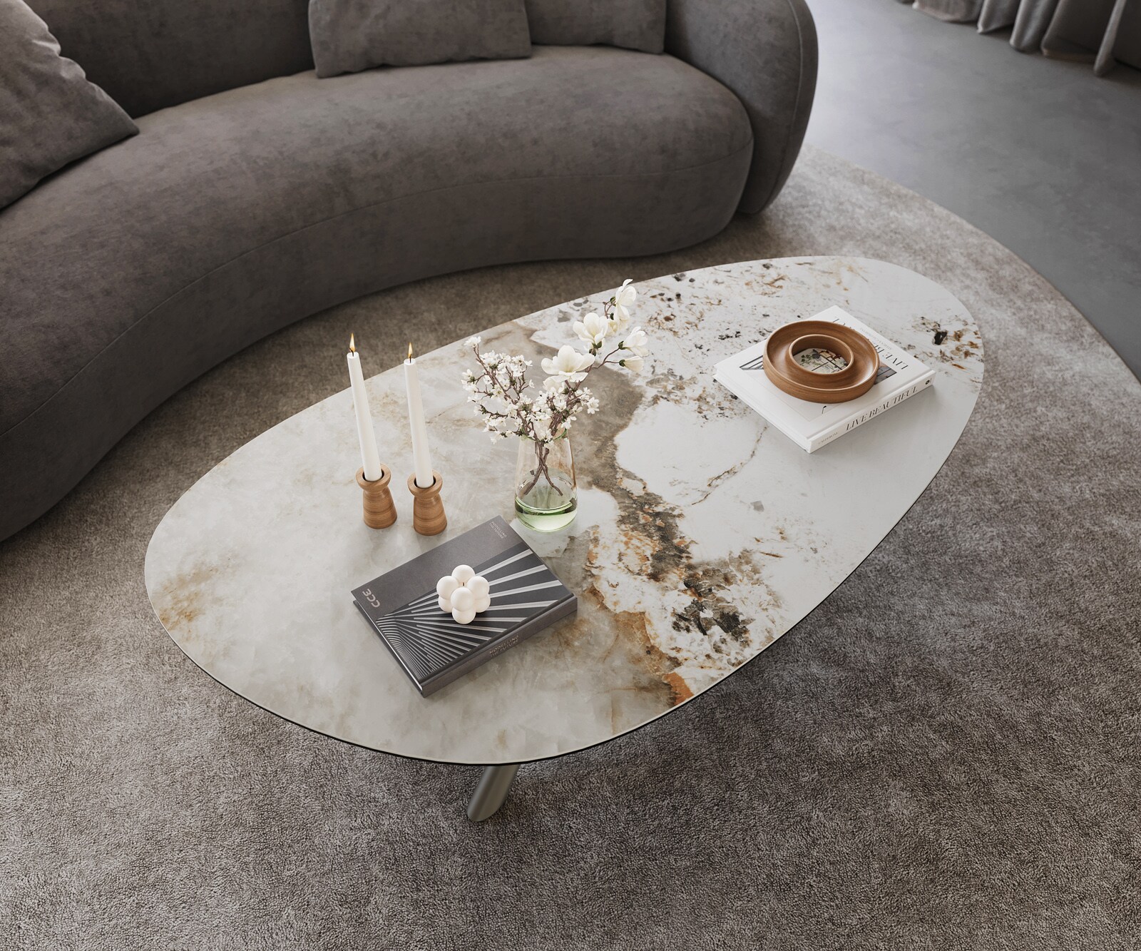 Масичка за кафе Edge Oval 140x75 cm керамика Minas Melange Sarity метален ефект покритие титан 4