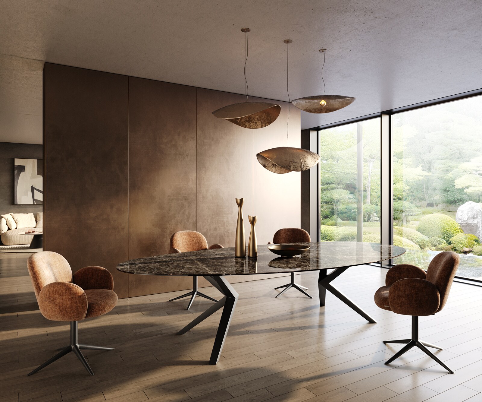 Трапезна маса Edge Oval 315x150, керамика Laminam „®“, Emperador Extra Lucidato, тъмнокафяво, Zenthara, с остри ръбове, метал, черно 5