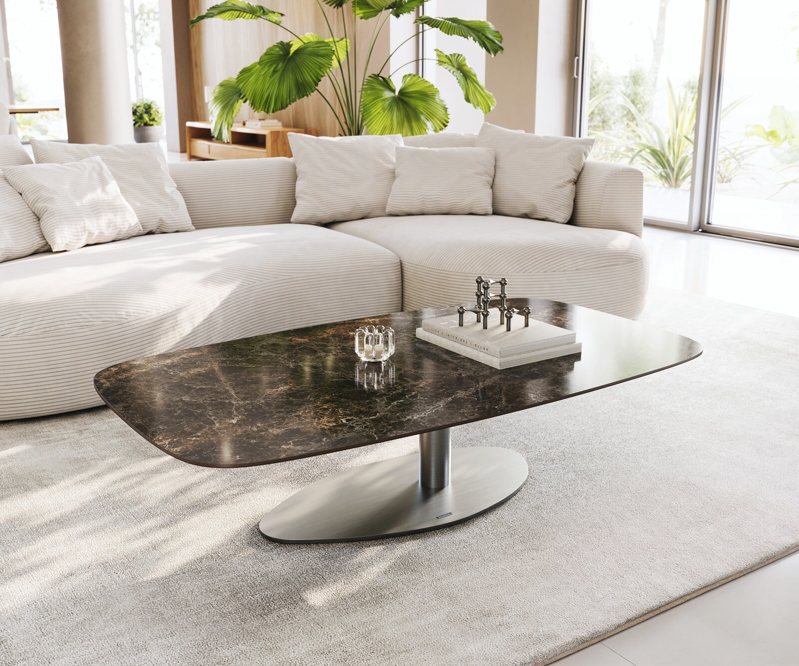 Масичка за кафе Edge Boot 140x80 cm Керамичен ламинат® Emperador Extra Lucidato Тъмно кафяво Vibany Матирана неръждаема стомана 1