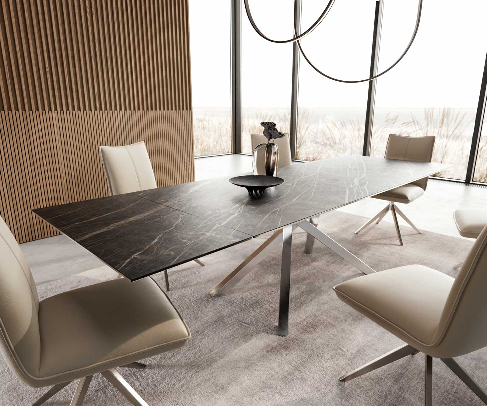Разтегателна трапезна маса Edge 200-300х100 см Керамика Laminam®Noir Desir Тъмнокафяв Кръсртовидна основа Сребристосив