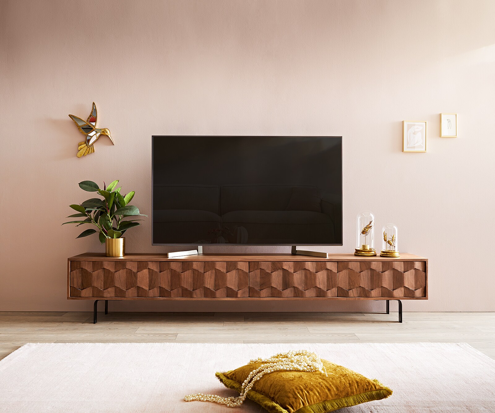 ТВ шкаф Fevo 220 cm Масив Акация, 4 Врати, Г-Крак, Кафяв 1